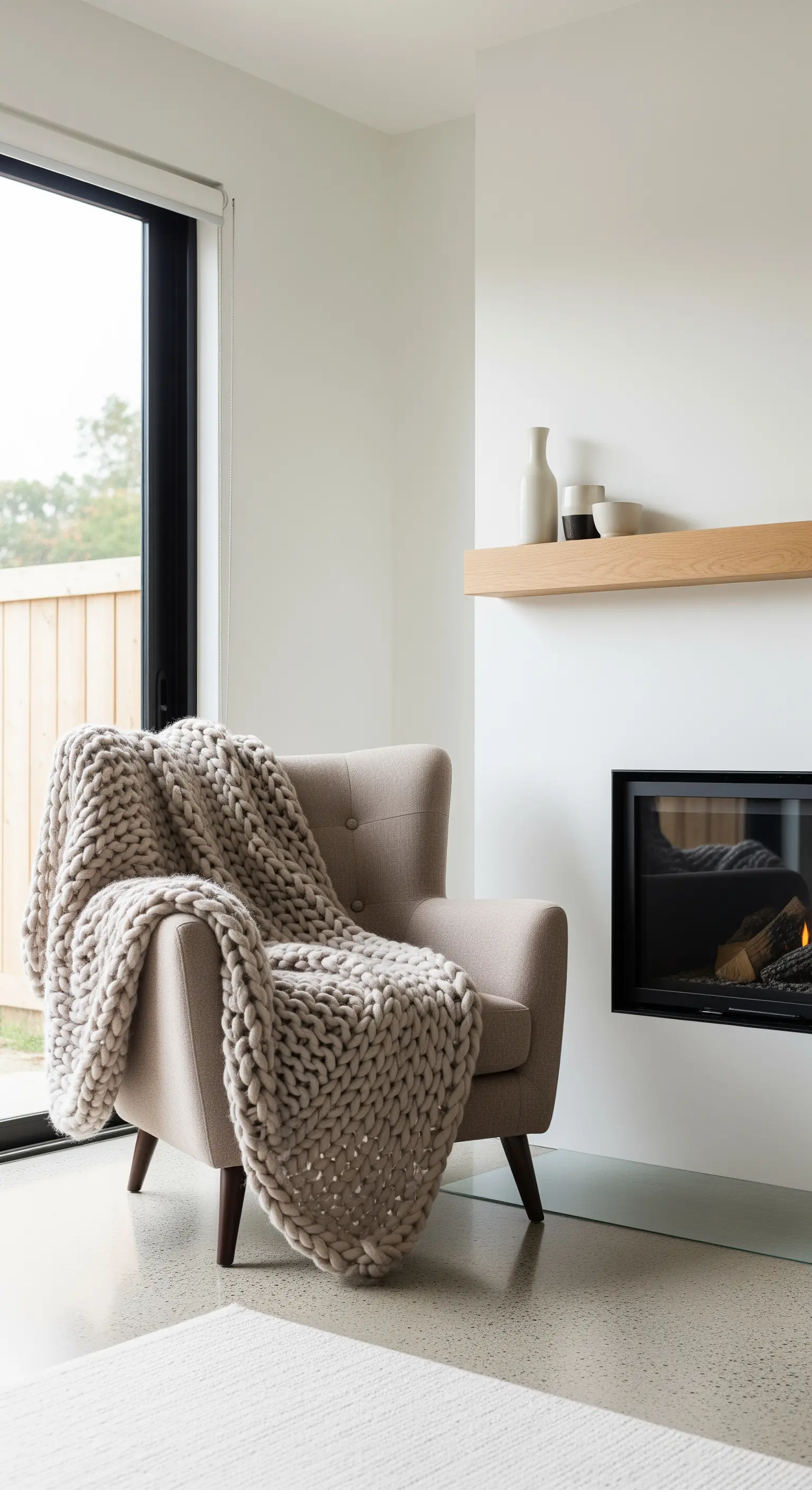 Poltrona beige con coperta in maglia spessa accanto a un camino moderno con mensola in legno chiaro.