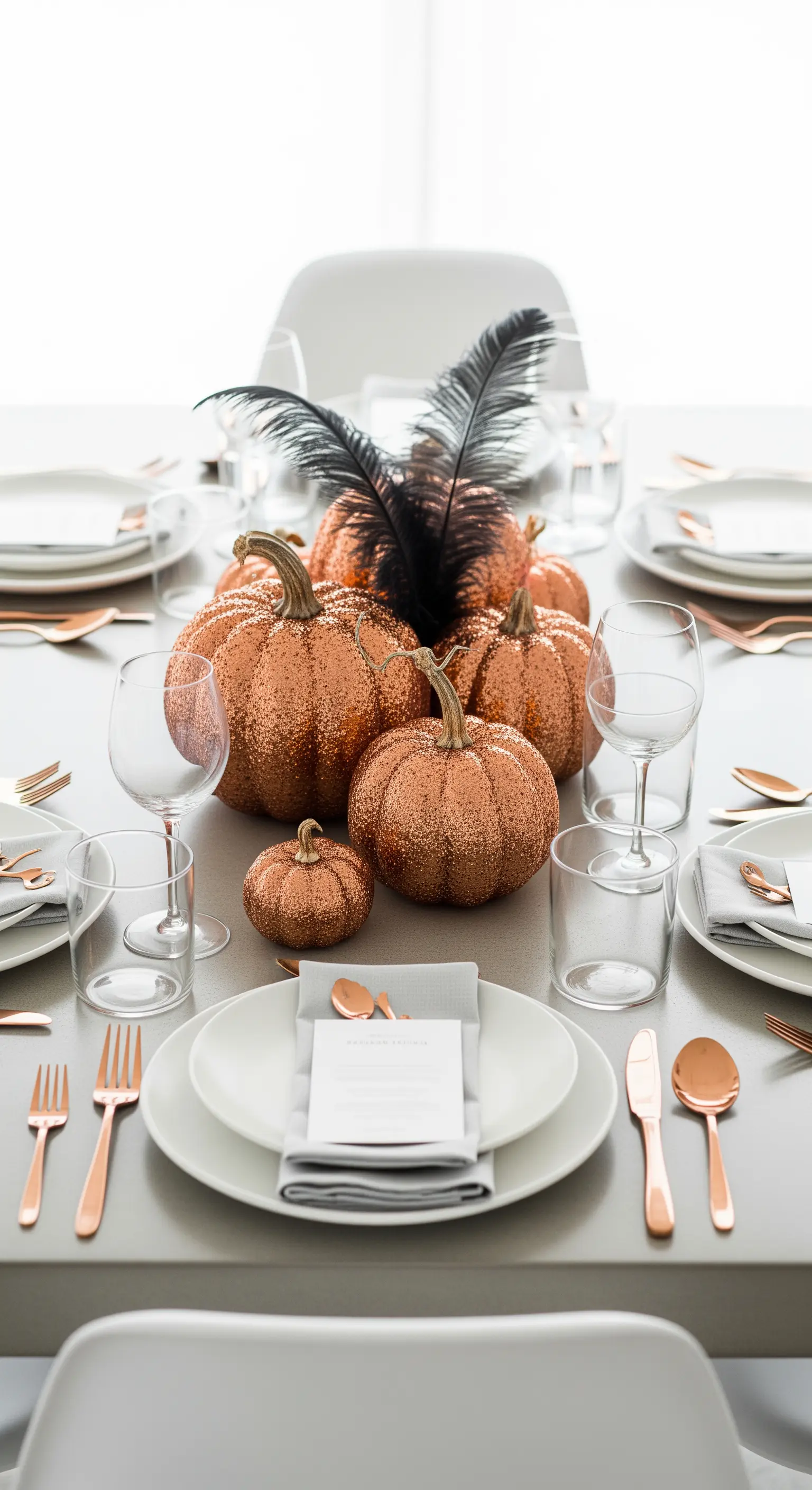 Centrotavola con zucche glitter oro rosa e piume nere.