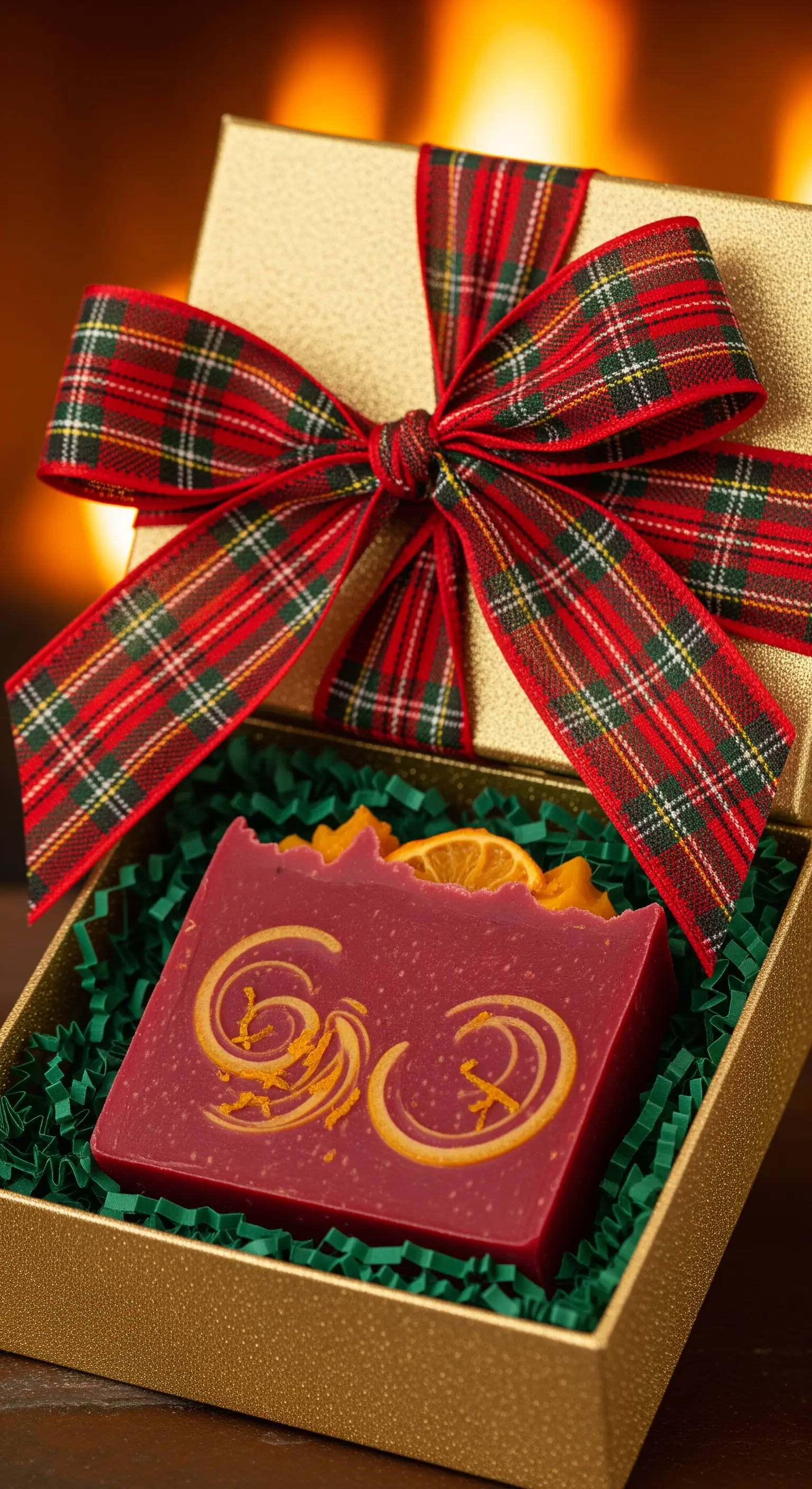 Sapone rosso natalizio in una scatola dorata, con un grande fiocco scozzese.
