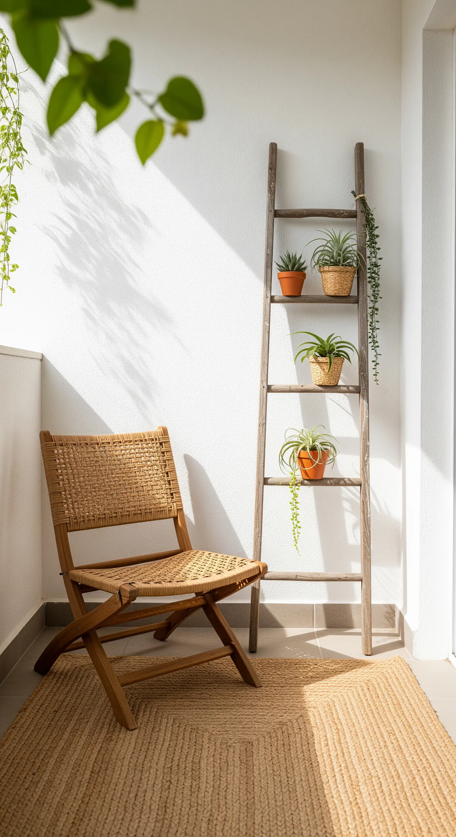 Angolo balcone con sedia in legno intrecciato, tappeto in juta e scala decorativa con piante.
