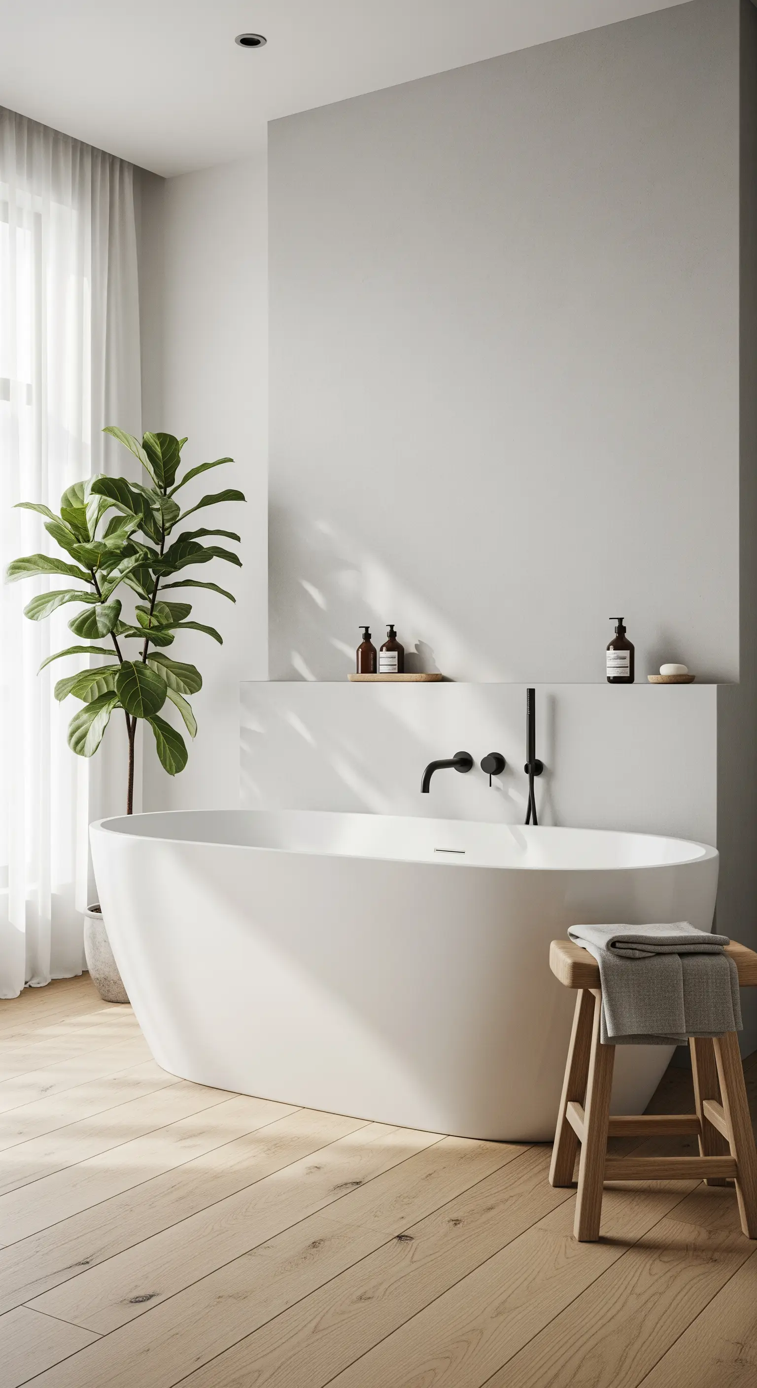 Vasca freestanding bianca su parquet con pianta alta e tenda leggera.