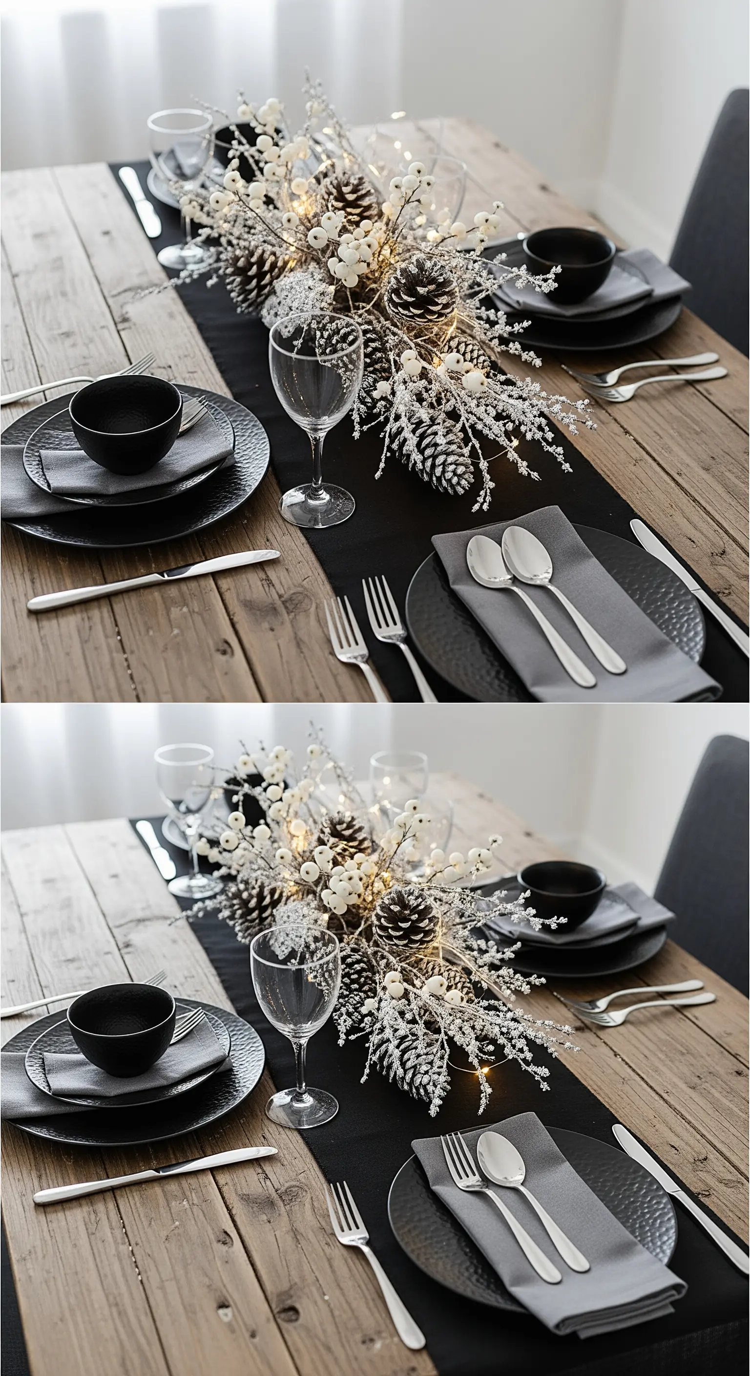 Tavola in legno con runner nero e centrotavola invernale illuminato da lucine.