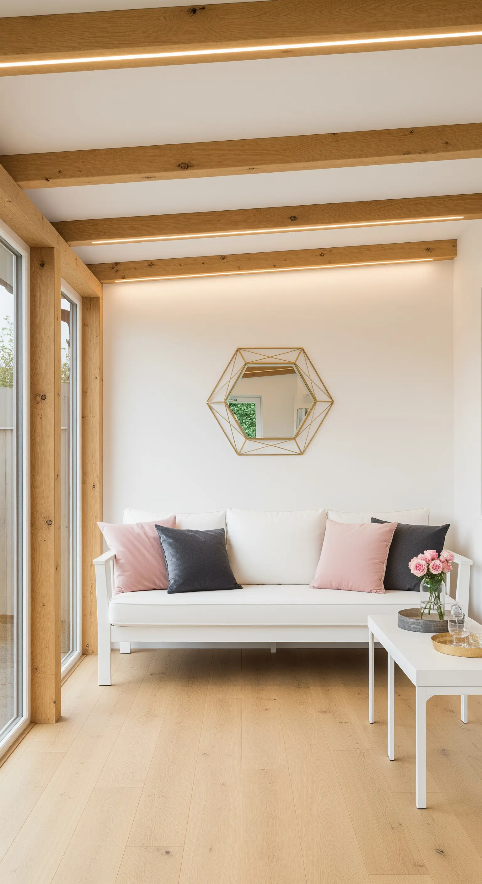 Veranda in stile scandinavo con struttura in legno, divano bianco e specchio esagonale dorato