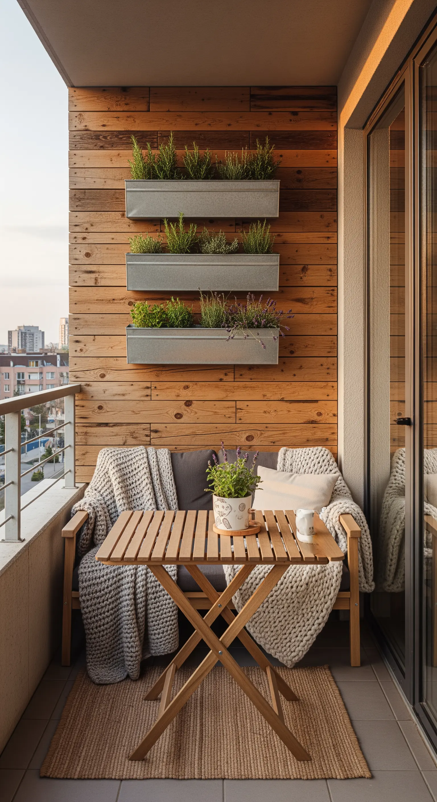 Balcone in stile scandinavo con parete in legno, fioriere in metallo e arredi pieghevoli