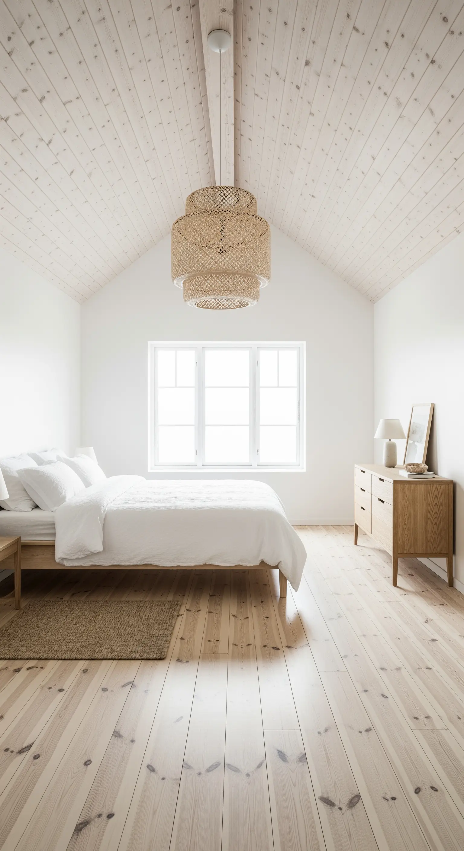 Lampadario in rattan intrecciato in una camera da letto scandinava total white con pavimento in legno.