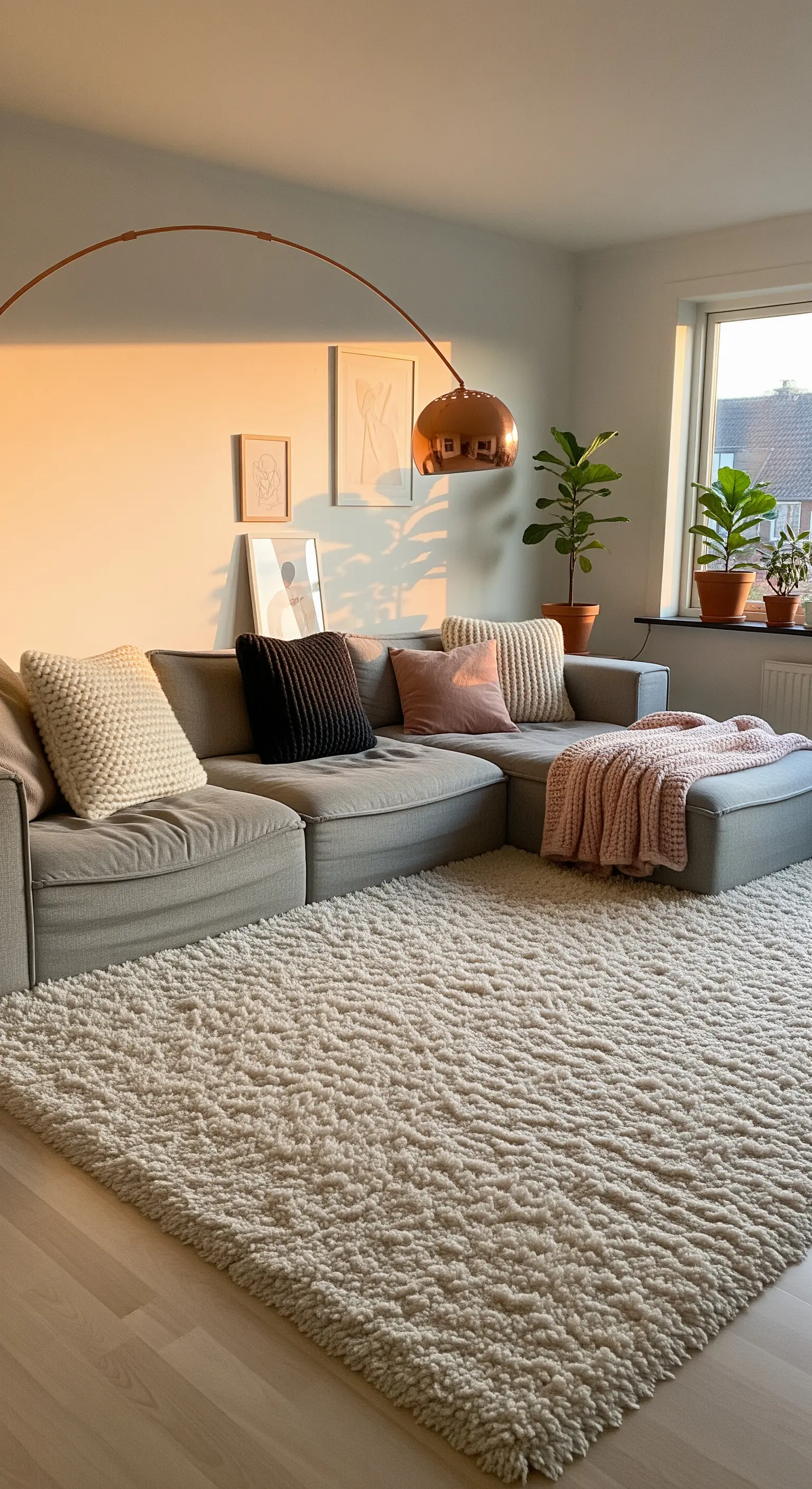 Salotto con divano grigio, tappeto a pelo lungo color crema e lampada ad arco in rame.