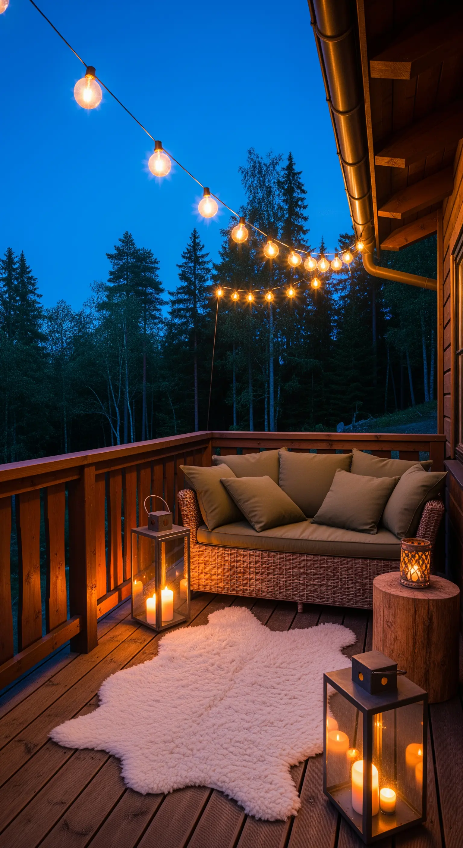 Balcone rustico in legno con divano in vimini, tappeto in pelliccia e lanterne accese.