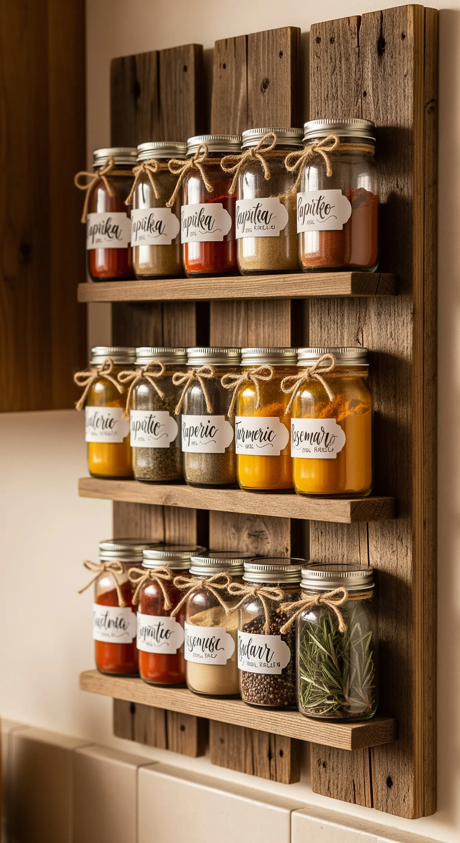 Portaspezie fai-da-te in legno di recupero con barattoli di vetro etichettati con spago.