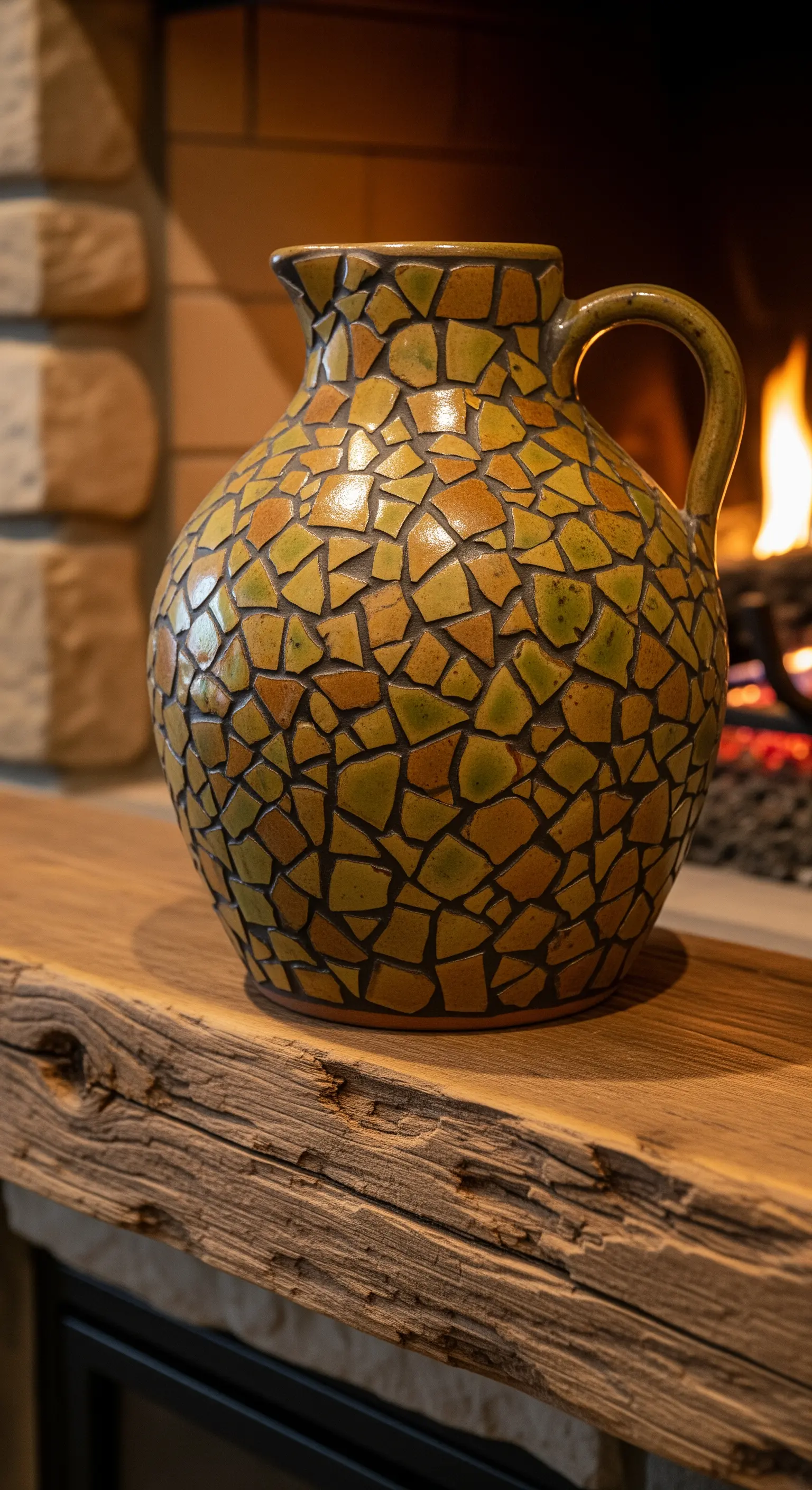 Brocca in terracotta con mosaico di piastrelle rotte nei toni della terra, accanto a un camino acceso.