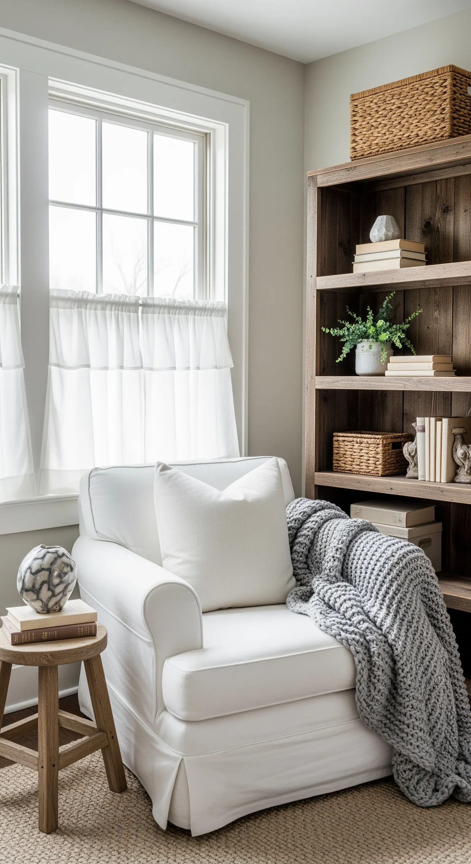 Poltrona bianca con coperta grigia a maglia, libreria in legno rustico e cesti.