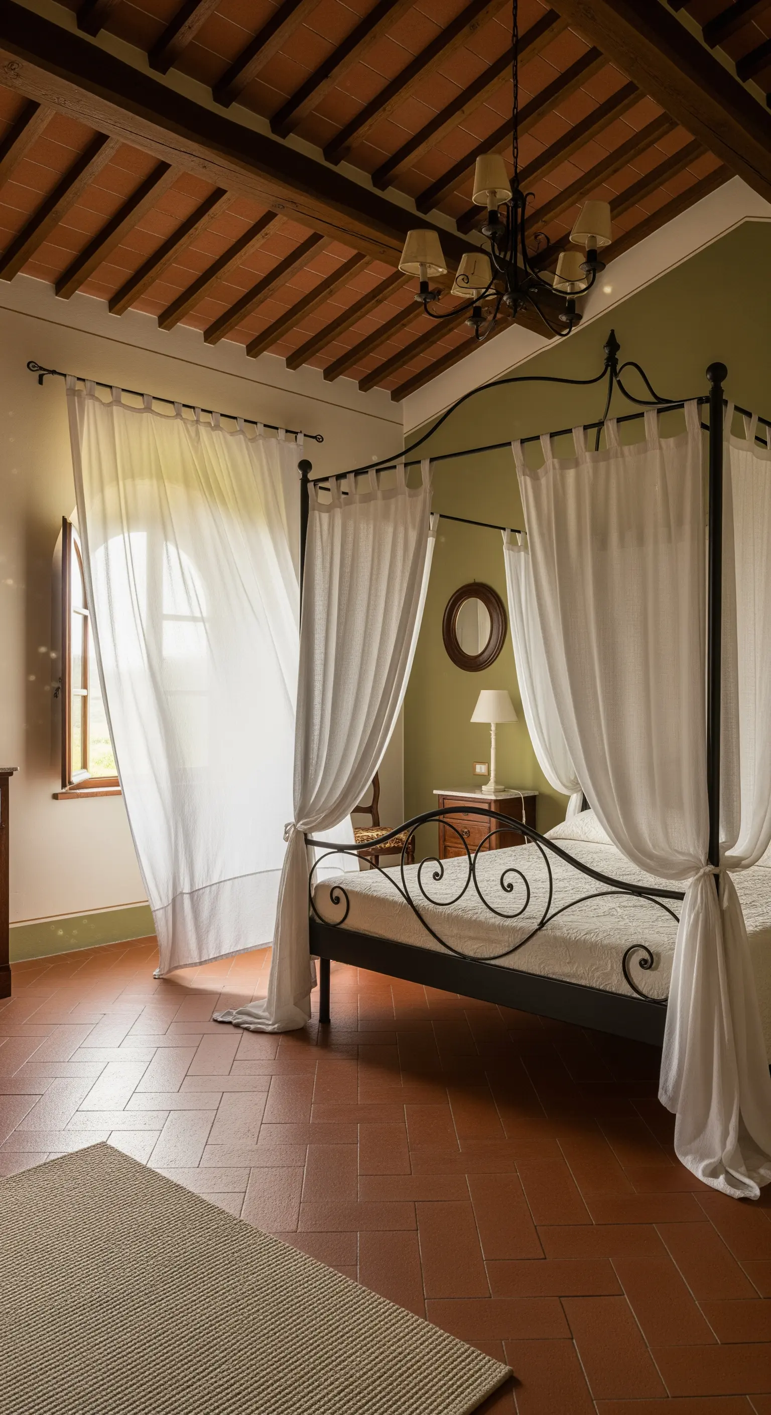 Letto a baldacchino in ferro battuto nero con tende bianche leggere in una camera rustica.