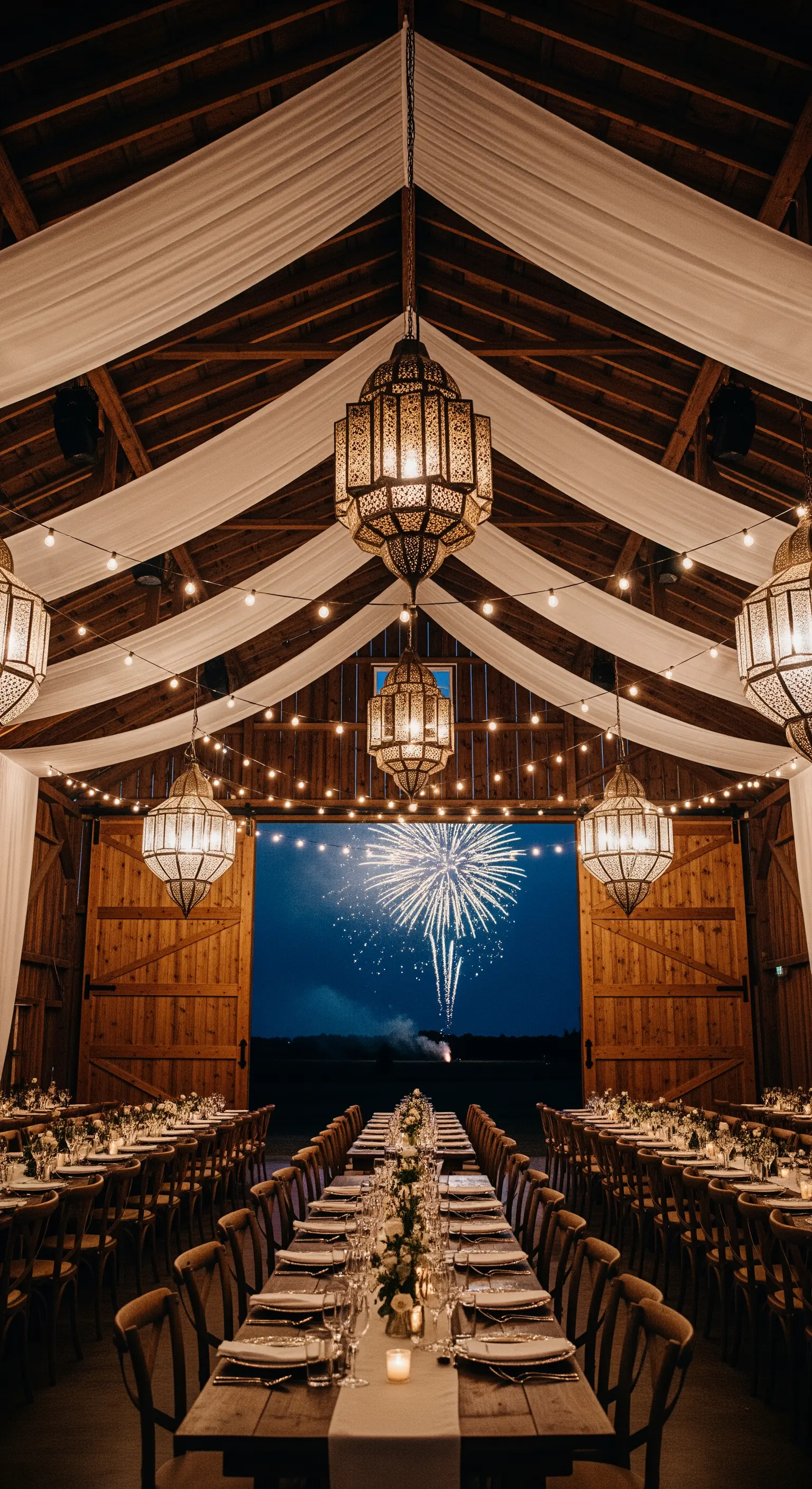 Interno di un fienile con tavoli imperiali, drappeggi e grandi lanterne, con vista su fuochi d'artificio