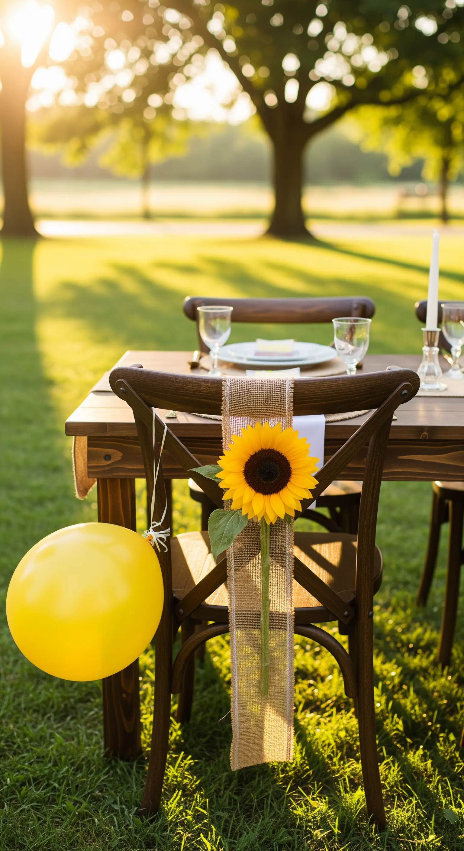 Sedia in legno con nastro di juta, girasole e palloncino giallo per una festa rustica.