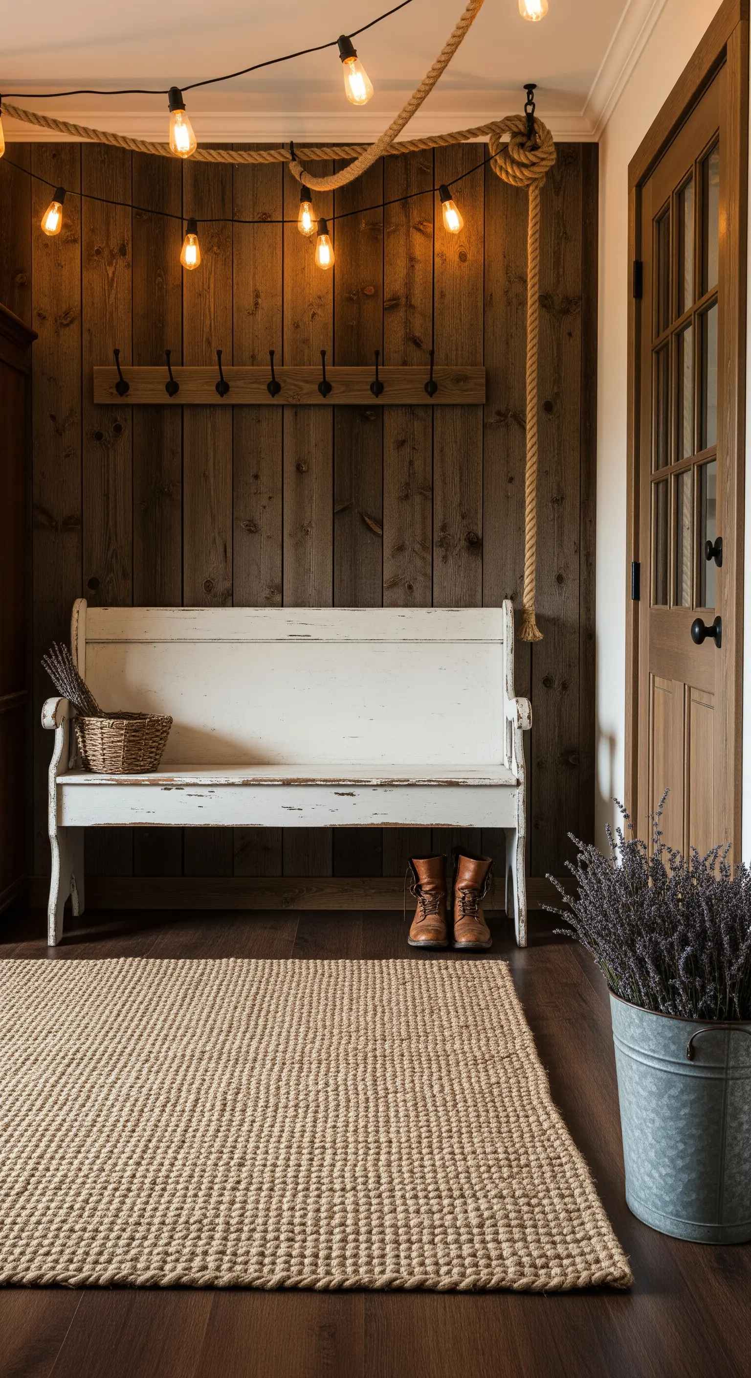 Ingresso rustico con parete in legno, panca bianca, tappeto in juta e luci Edison sospese.