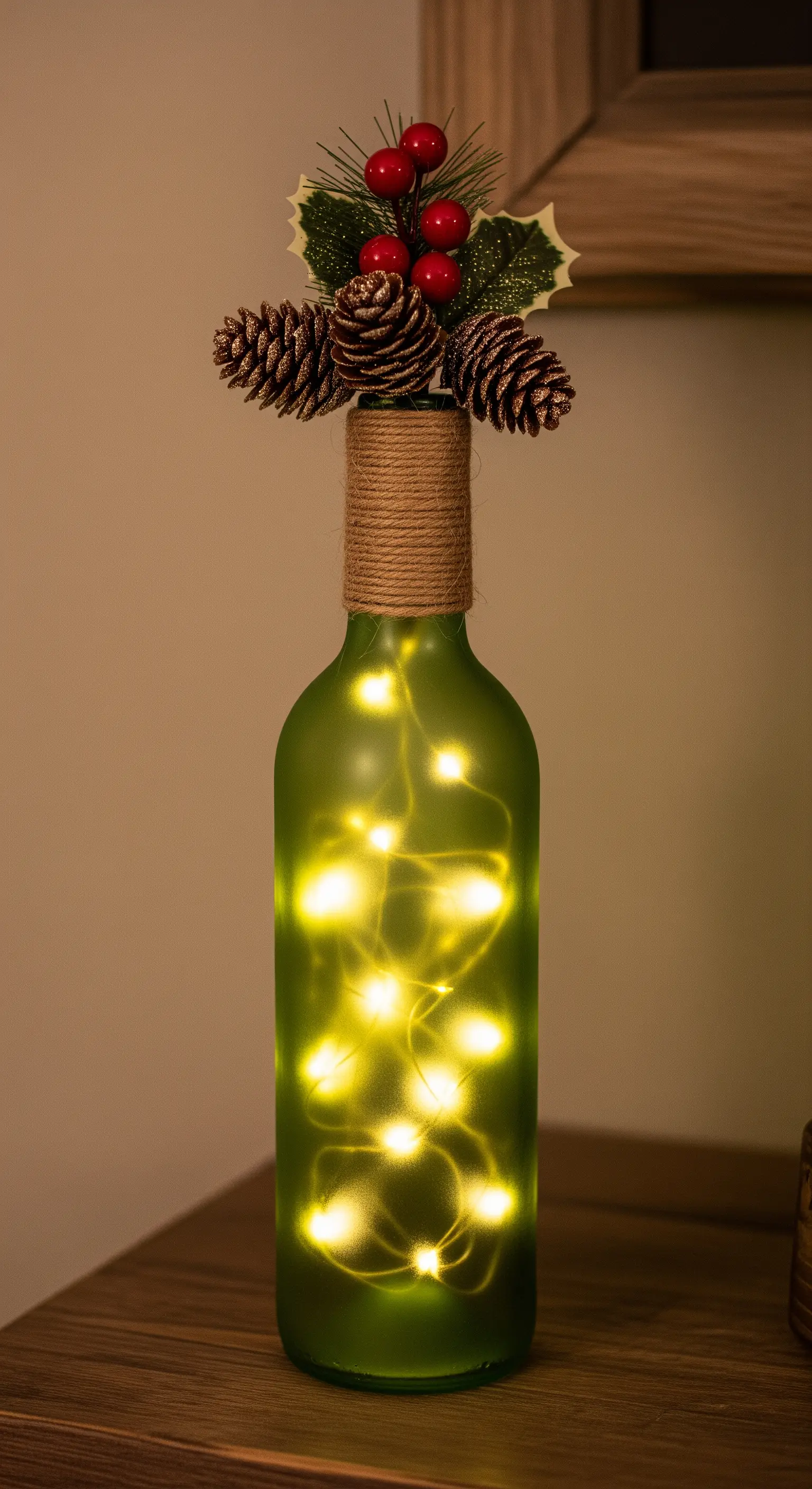 Bottiglia di vetro verde decorata con spago, pigne e agrifoglio, illuminata dall'interno.