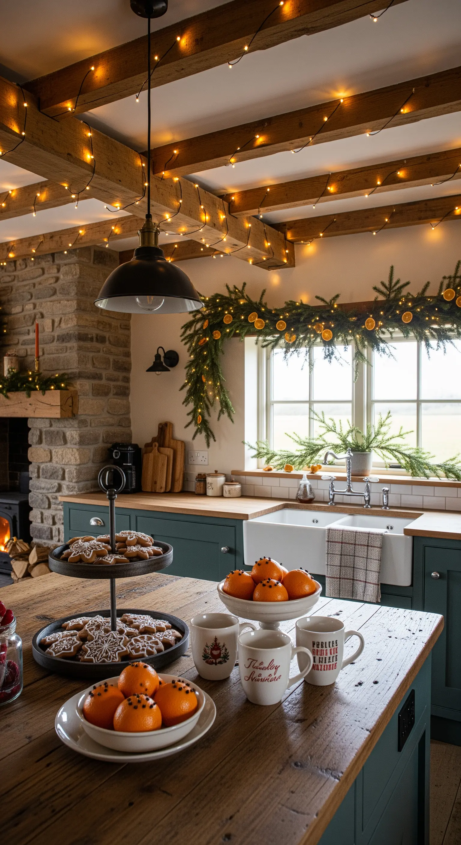 Cucina rustica con travi in legno, luci calde, ghirlande e un'alzata di biscotti speziati.