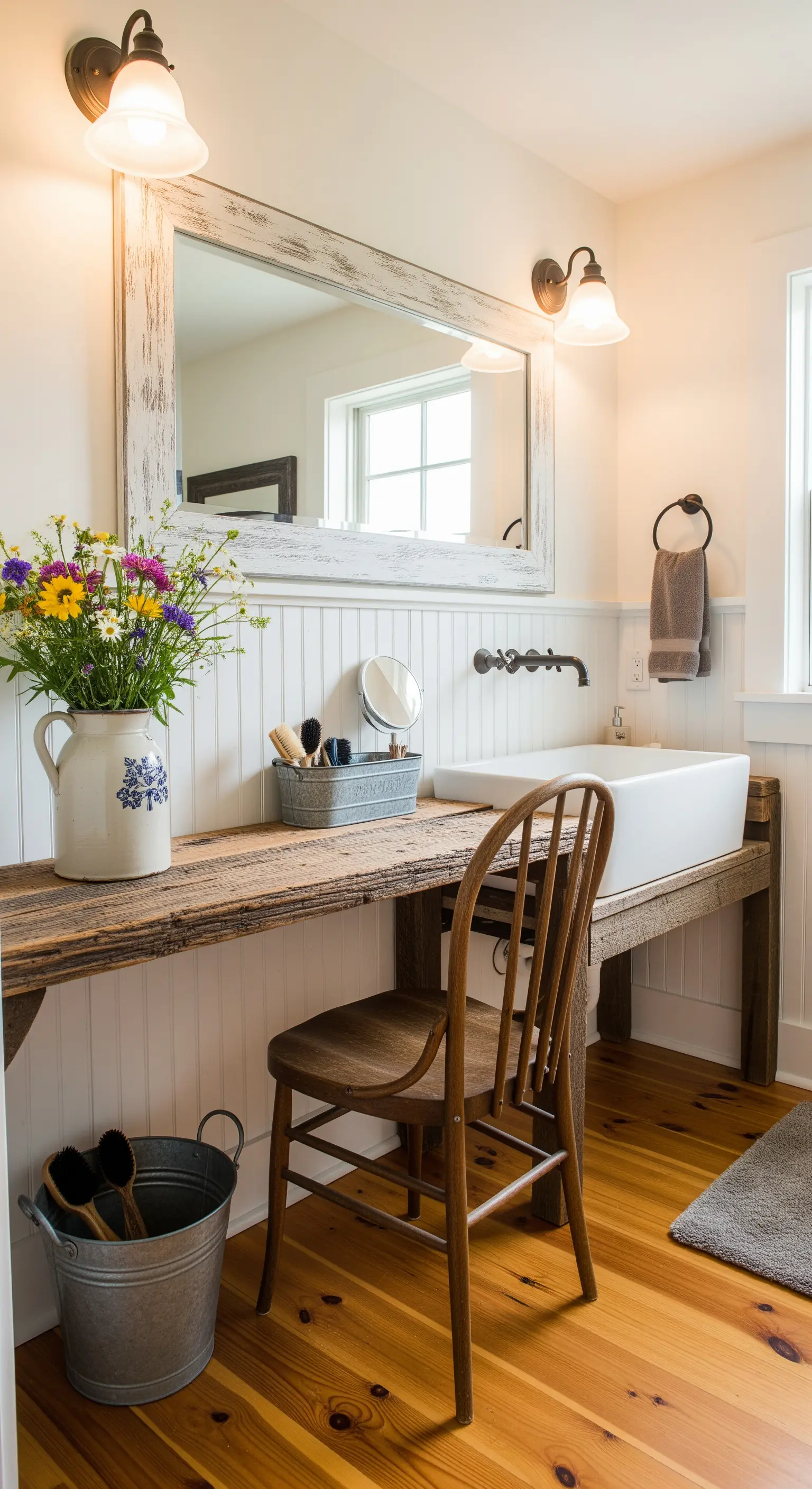 Postazione beauty rustica con piano in legno di recupero, sedia antica e specchio decapato.