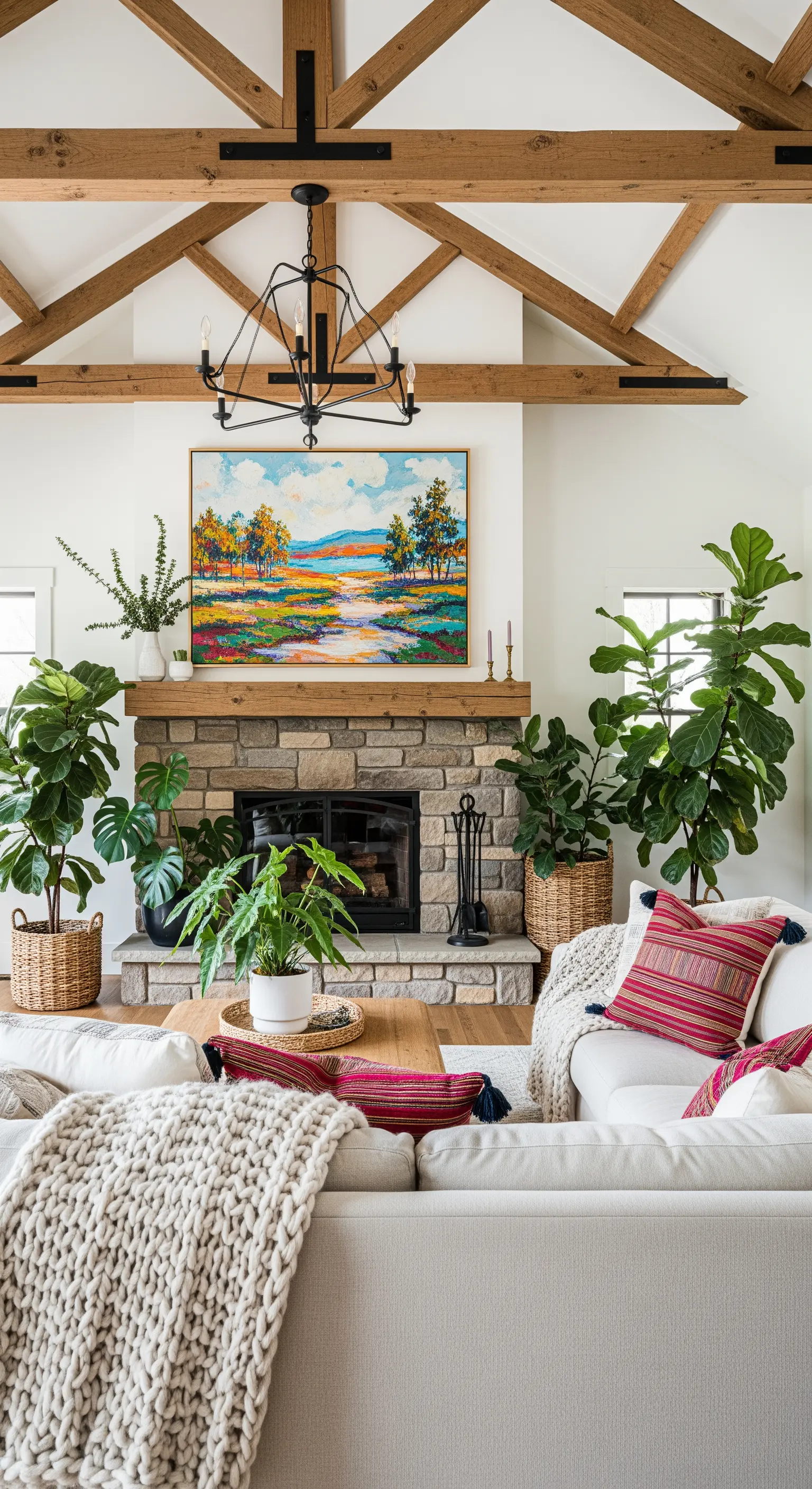 Salotto rustico con travi in legno, camino in pietra, divani chiari e un quadro di paesaggio colorato.