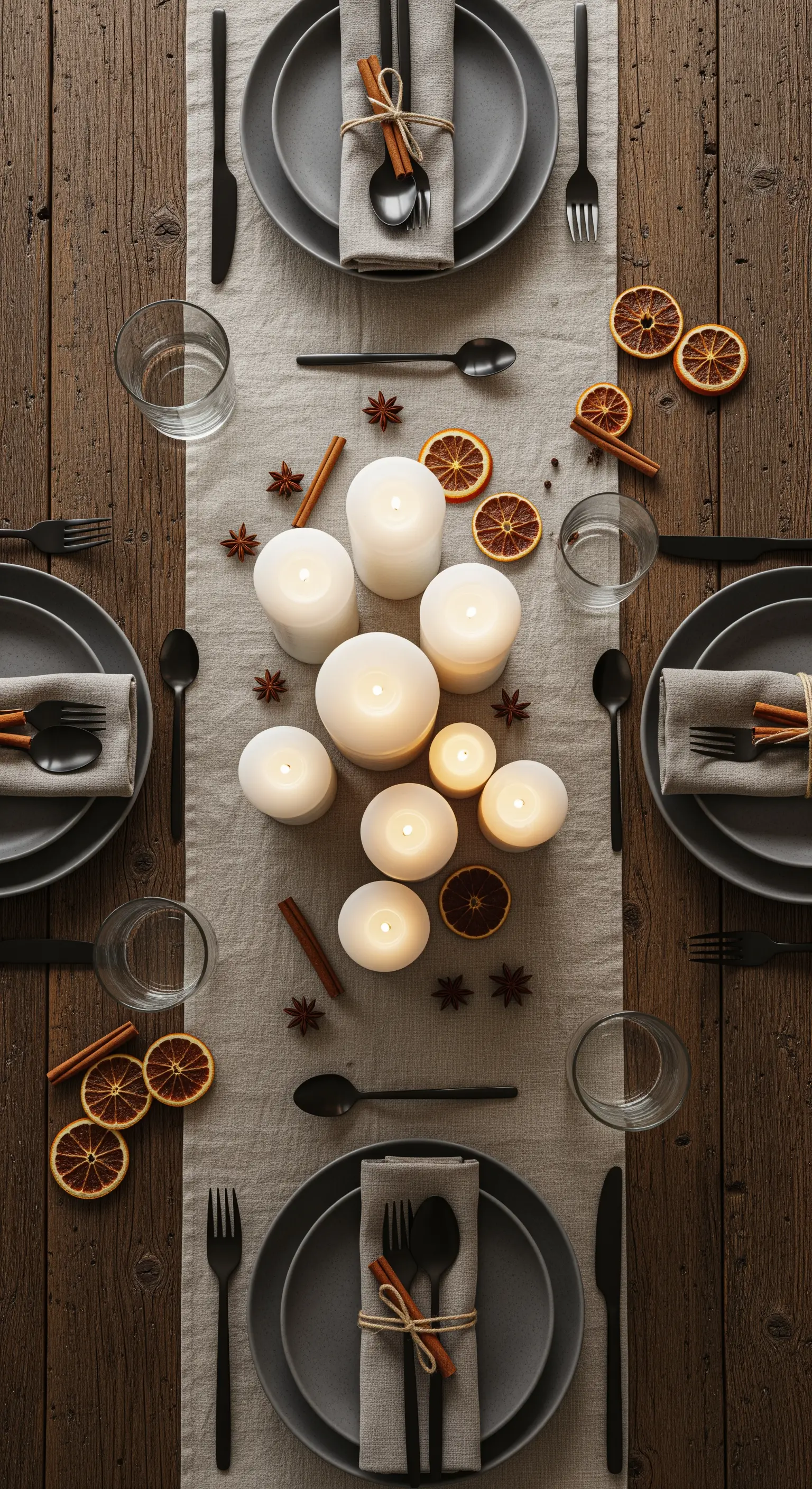 Tavola natalizia rustica con candele bianche, cannella e arance essiccate.