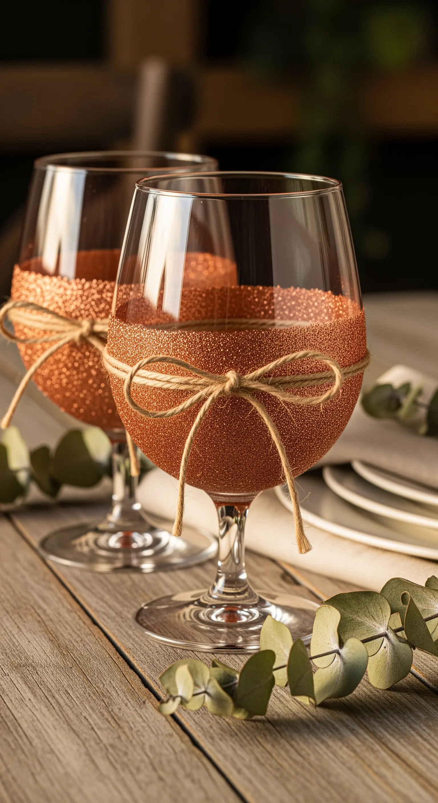 Calici da vino con glitter color rame e un semplice fiocco di spago.