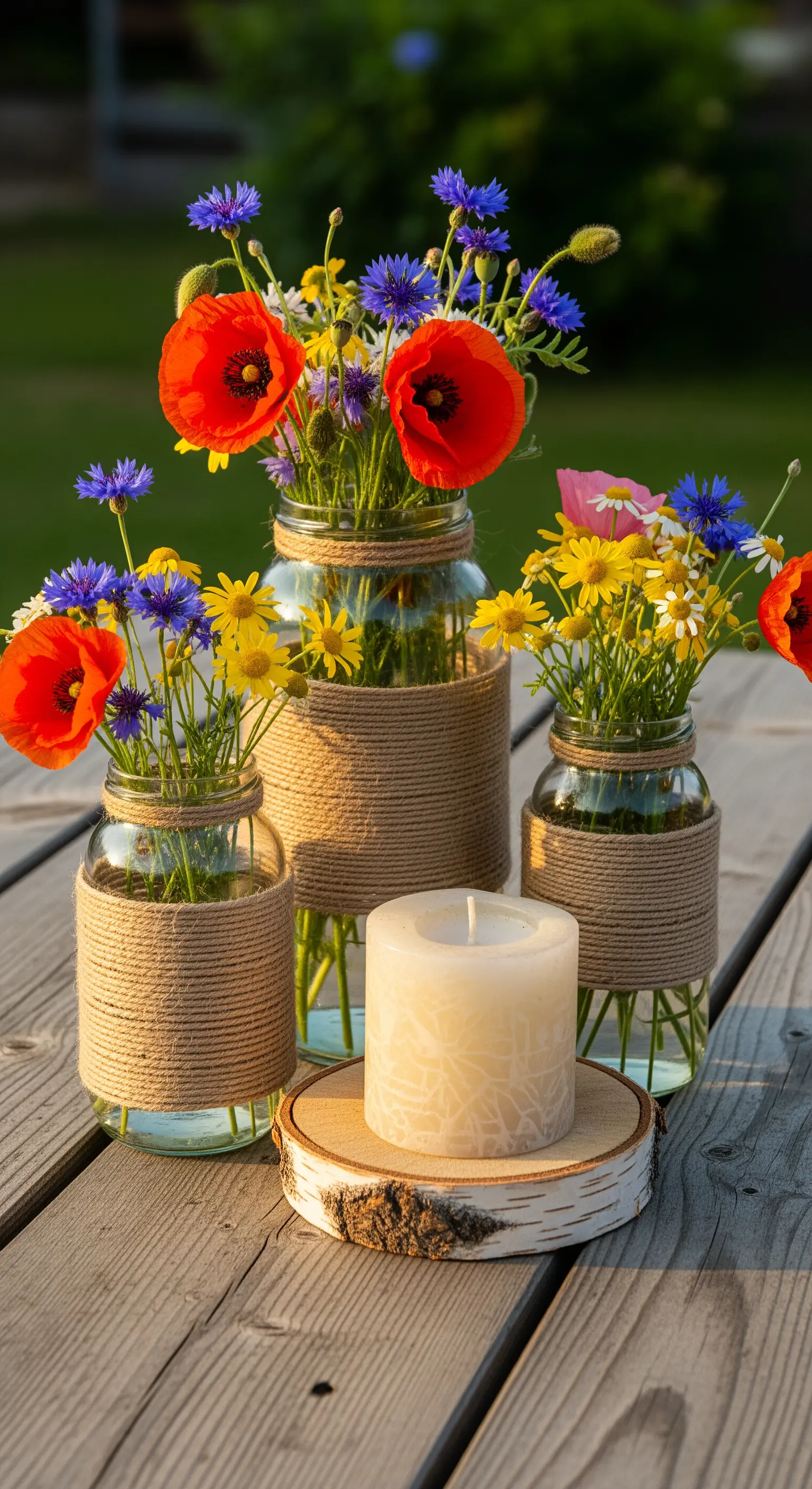 Centrotavola con vasetti di vetro avvolti in spago, fiori di campo e una candela su legno.