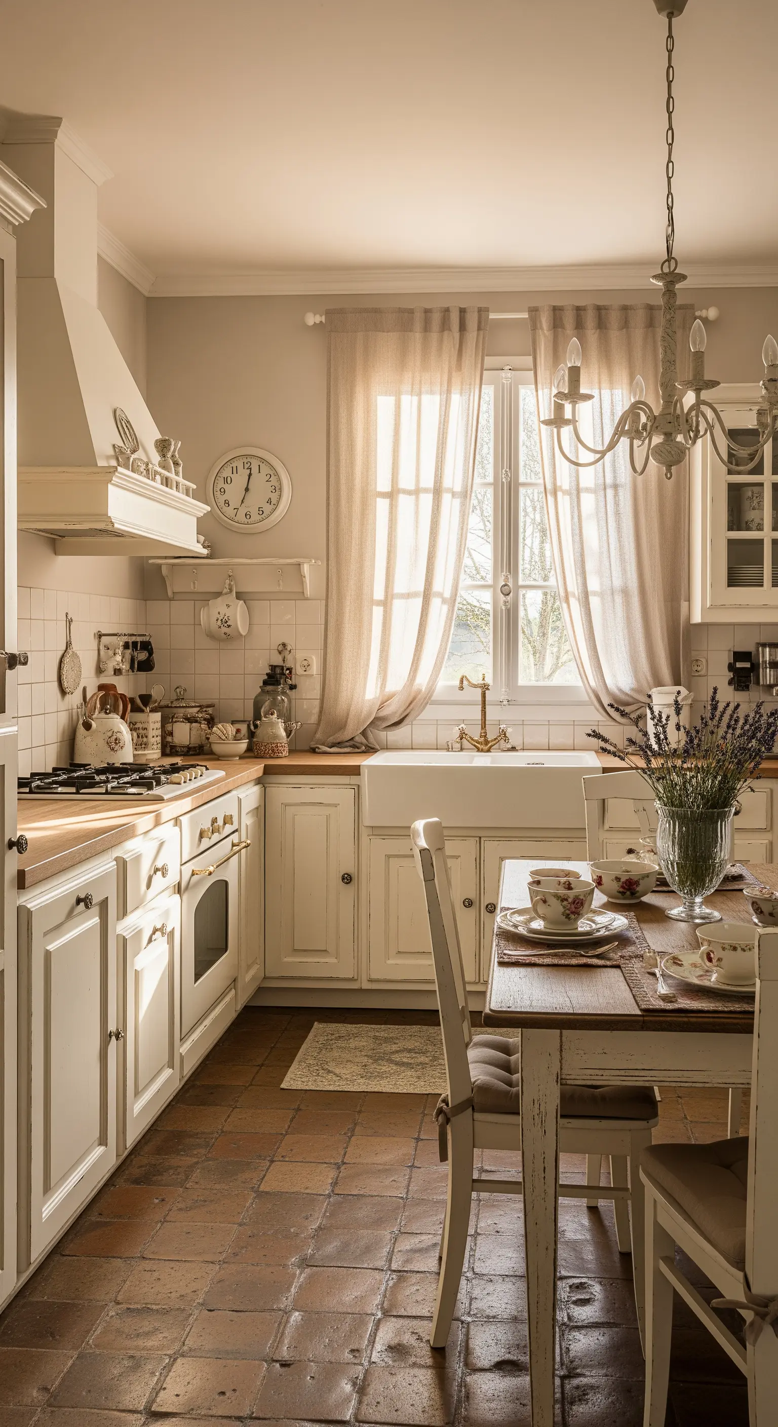 Cucina shabby chic con pavimento in cotto e mobili bianco antico.