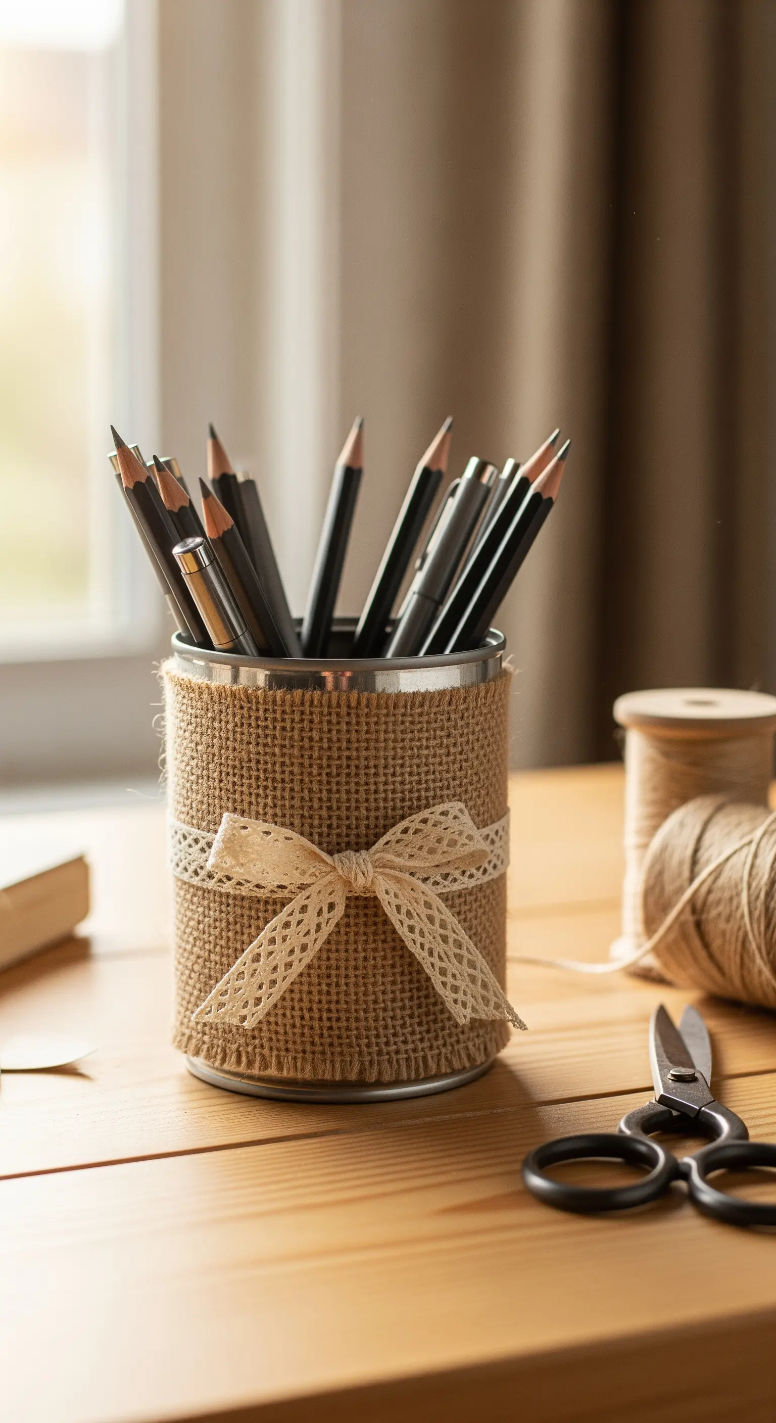 Portamatite realizzato con una lattina riciclata, rivestita di tela di juta e un nastro di pizzo.