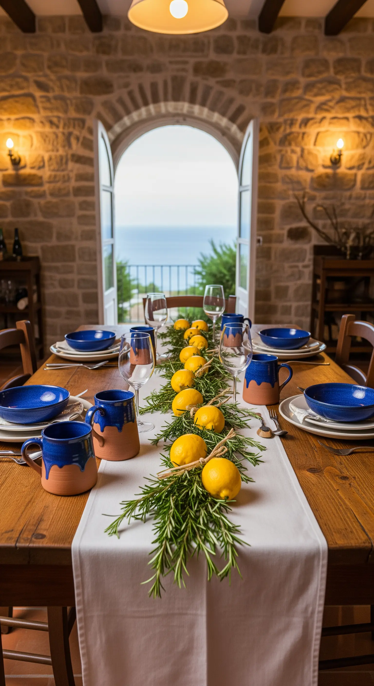 Tavola in una sala rustica con runner di rosmarino e limoni e ceramiche blu.