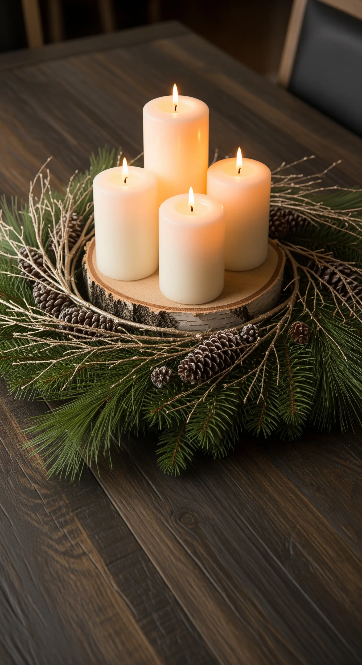 Centrotavola rustico con candele bianche su una fetta di legno, circondato da pino.