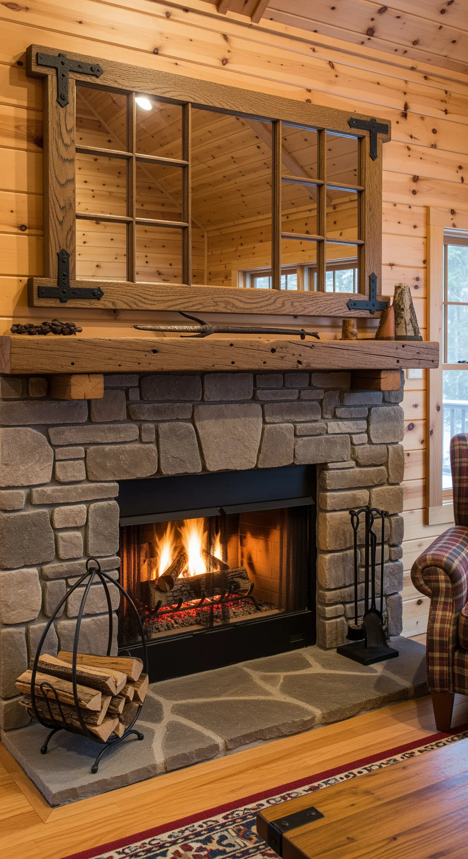Specchio in legno rustico con ferramenta in ferro battuto, appeso sopra un camino in pietra.