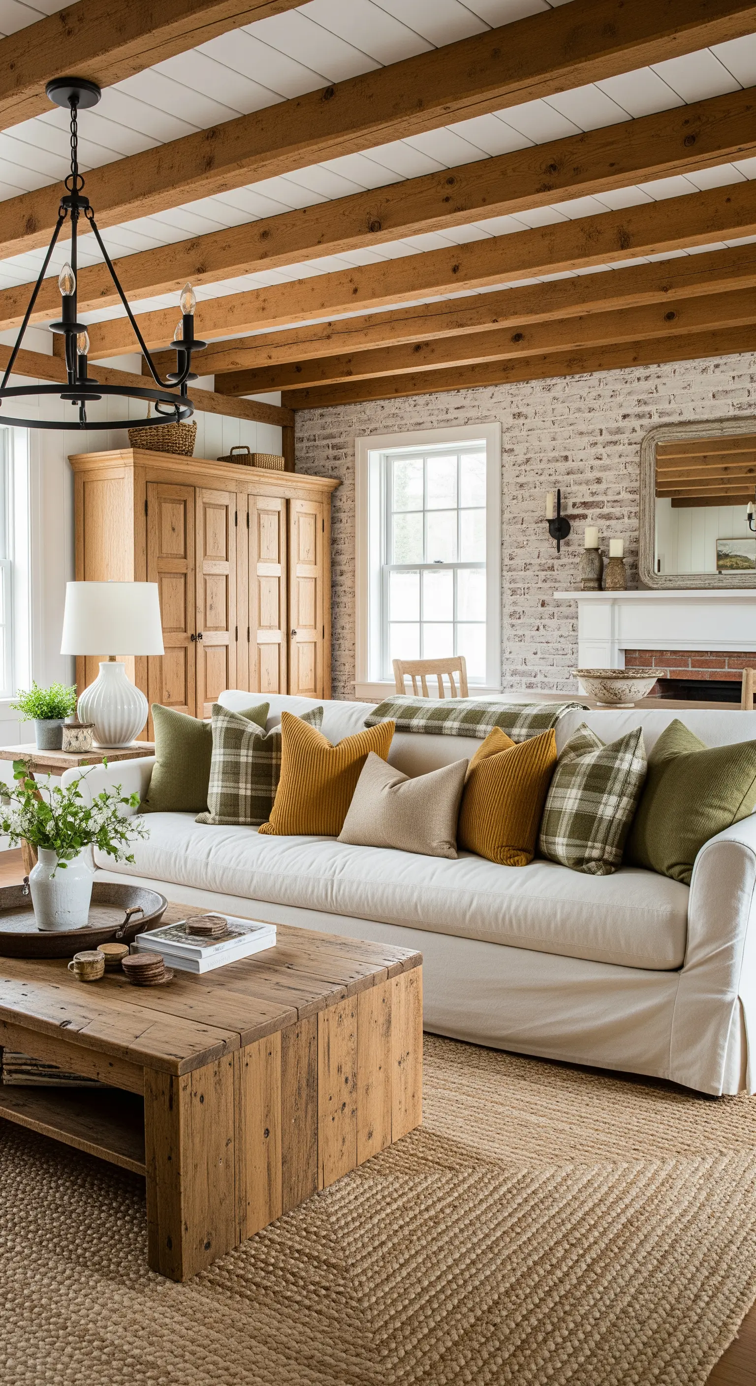 Divano crema con cuscini a quadri verdi e senape in un soggiorno rustico con travi a vista.