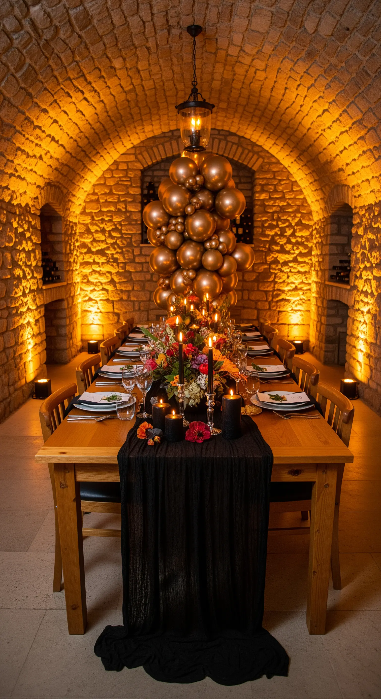 Cena intima in una cantina in pietra con una decorazione di palloncini dorati.