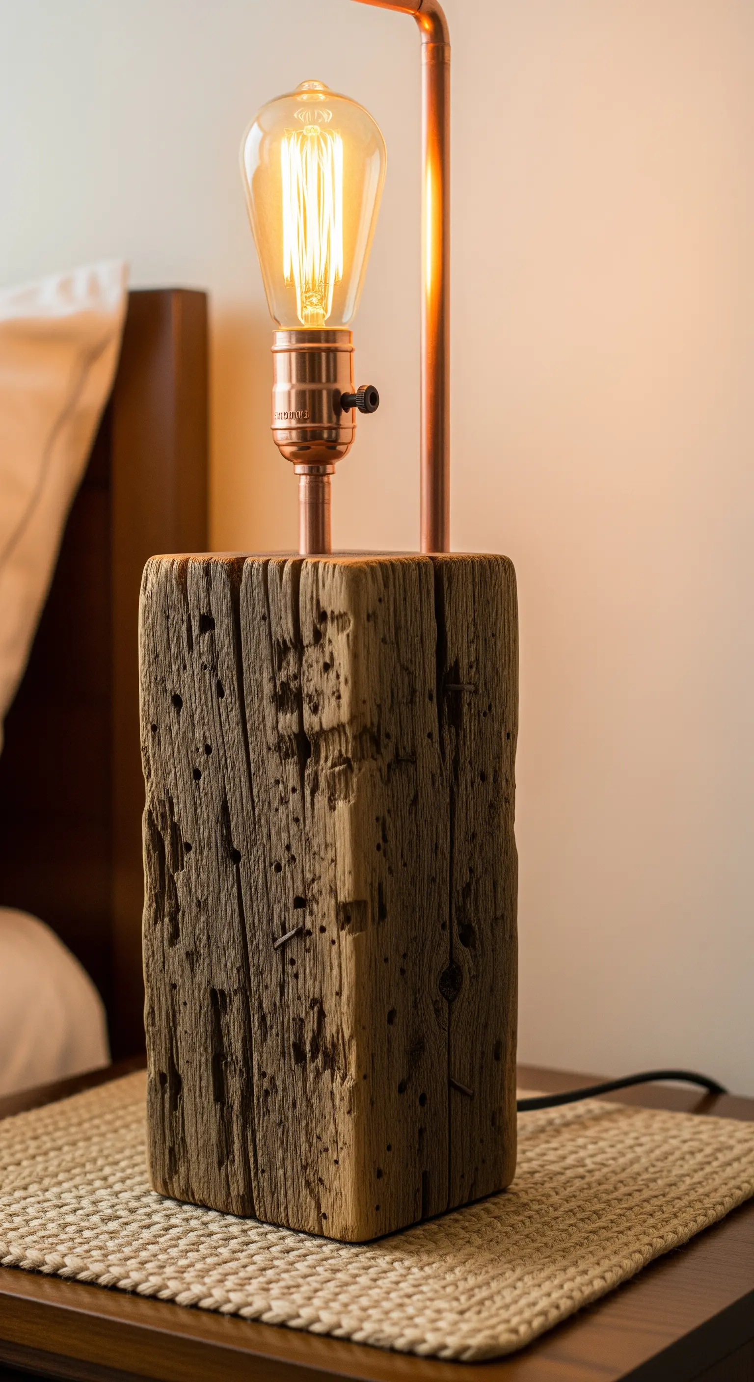 Lampada da comodino con una spessa base in trave di legno vissuto e dettagli in rame.