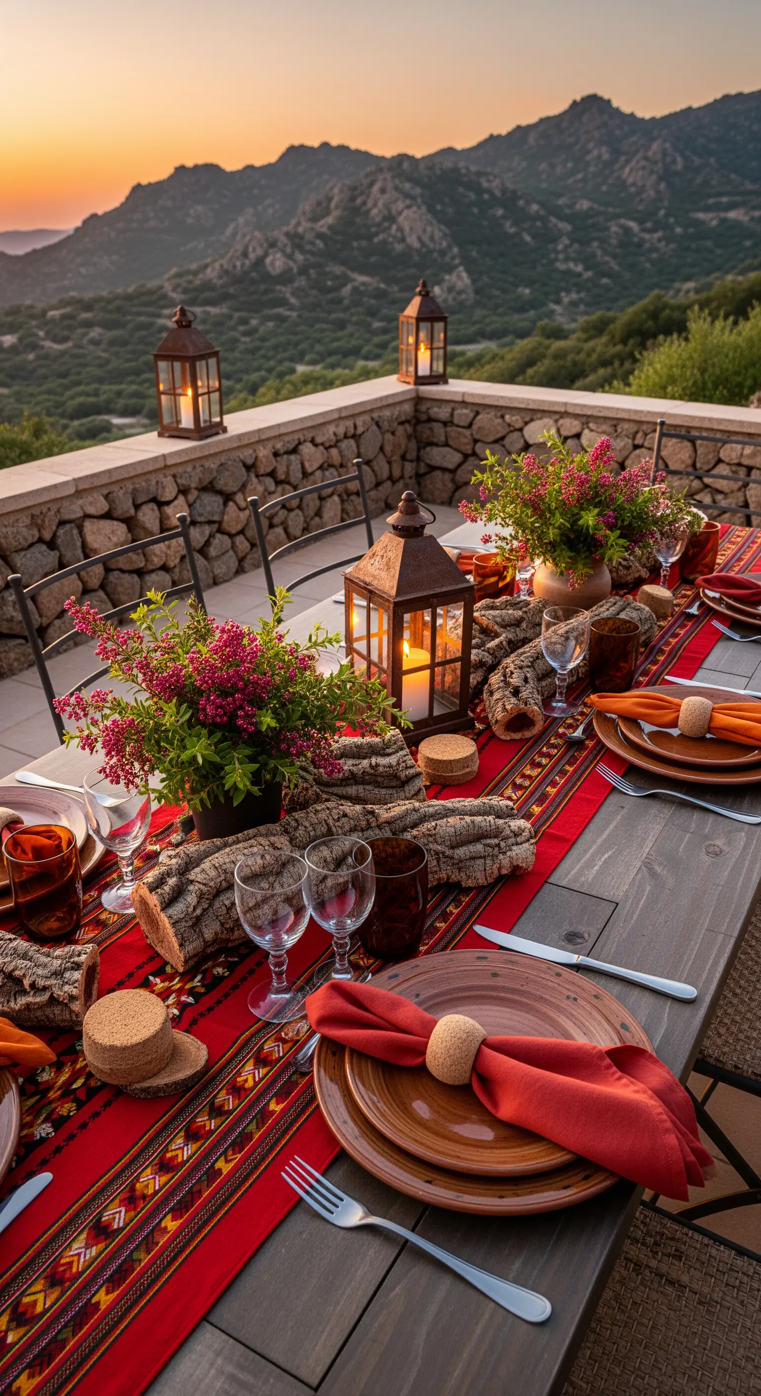 Tavola in stile sardo con runner etnico, dettagli in sughero e lanterne.