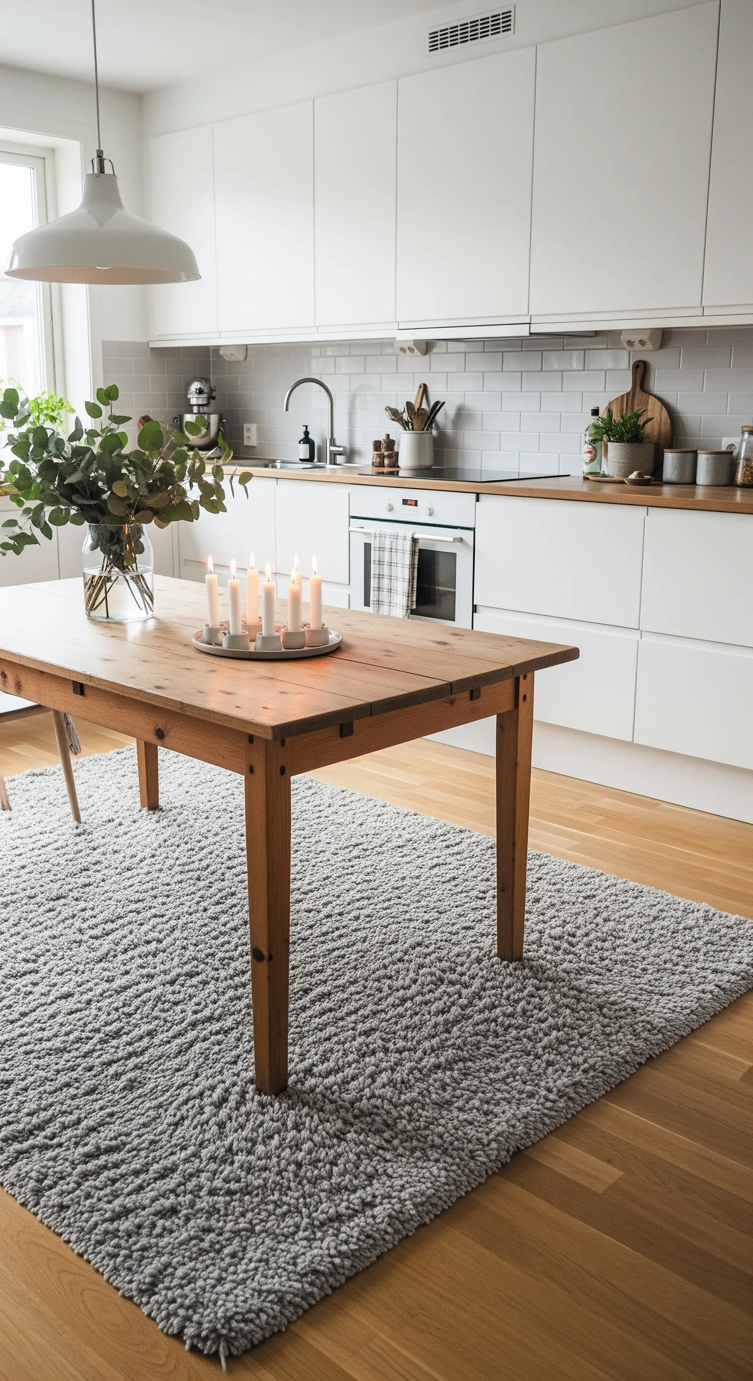 Tappeto grigio a pelo lungo sotto un tavolo di legno in una cucina scandinava bianca e minimalista.