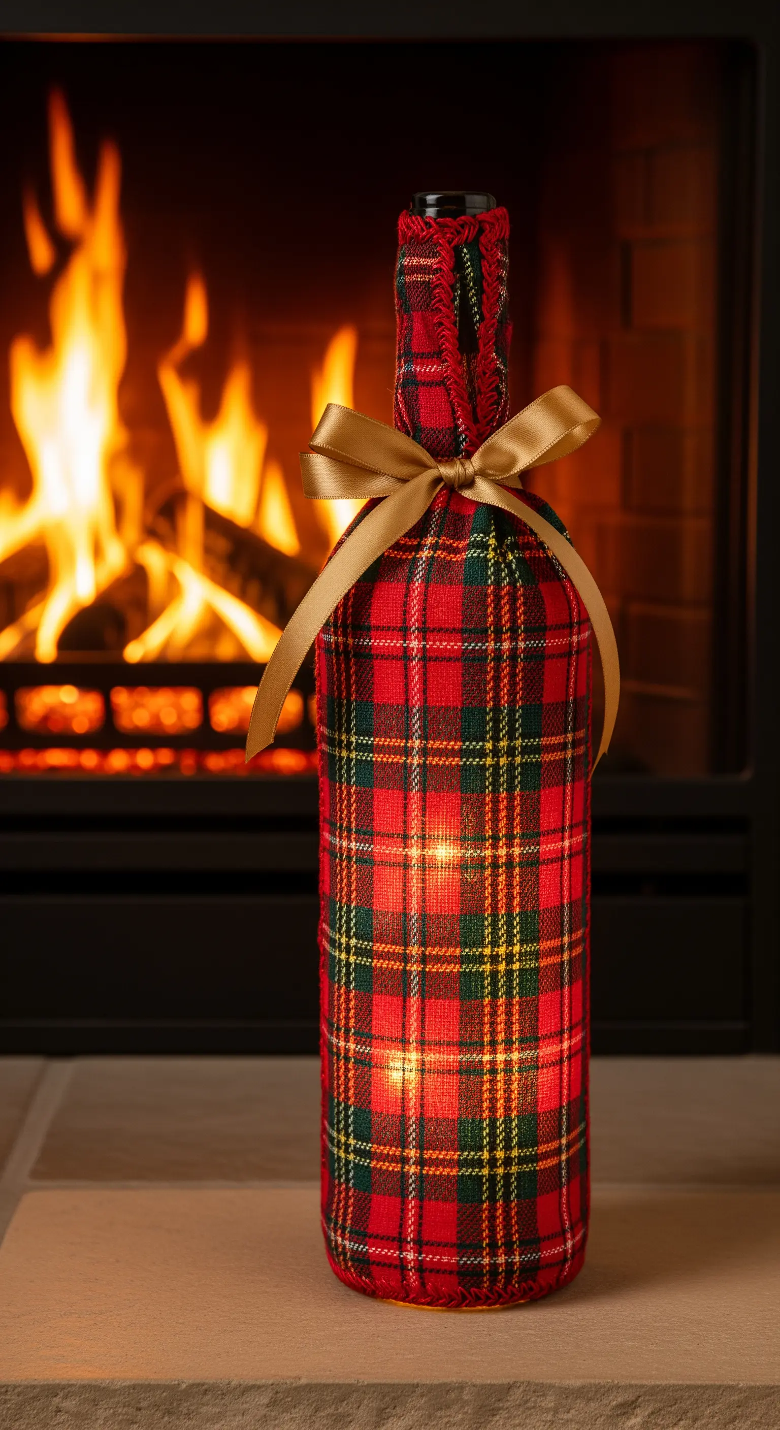 Bottiglia di vetro rivestita di tessuto scozzese rosso e verde, con un fiocco dorato.