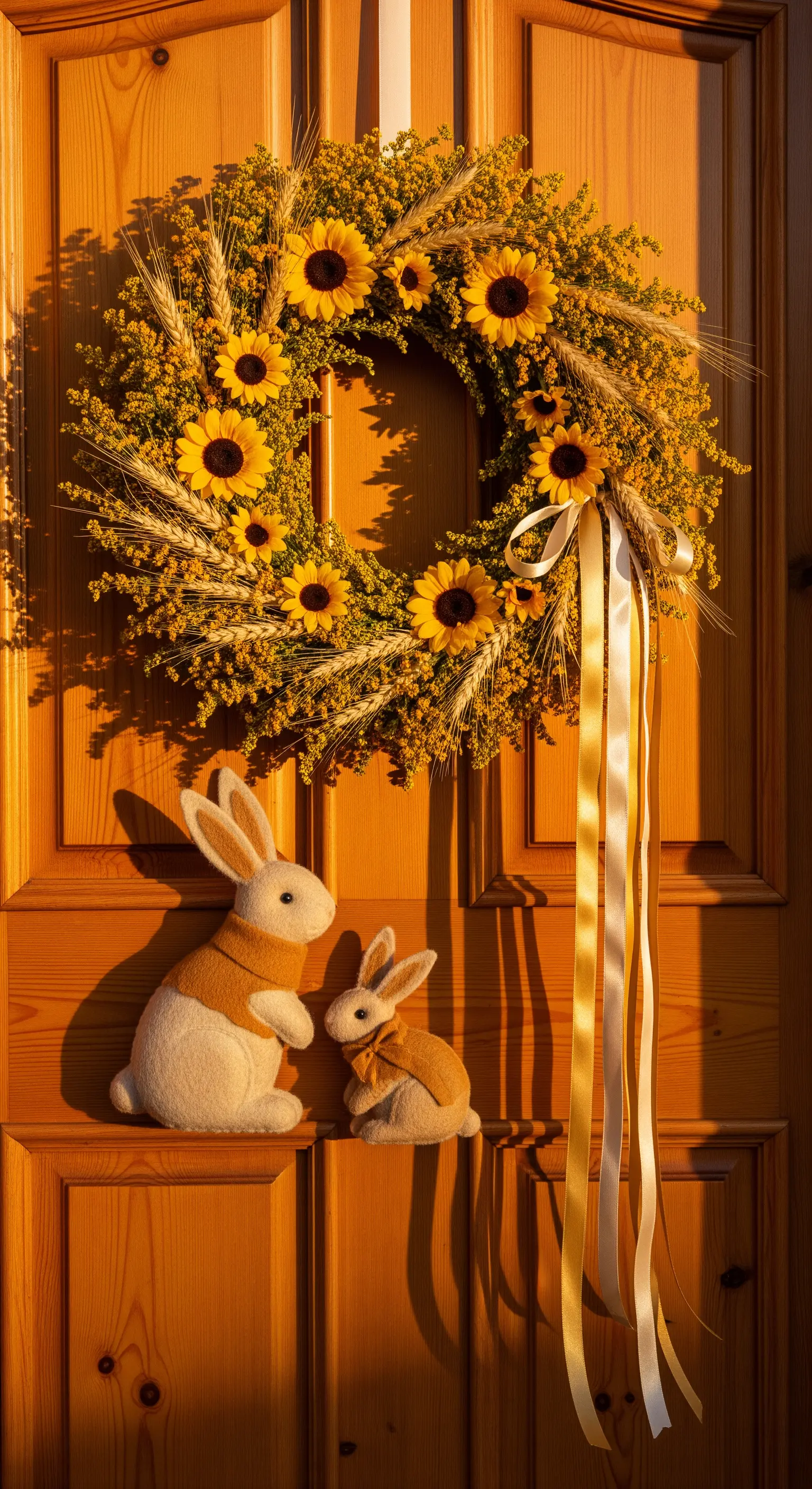 Ghirlanda di girasoli e spighe di grano con due coniglietti e nastri dorati.
