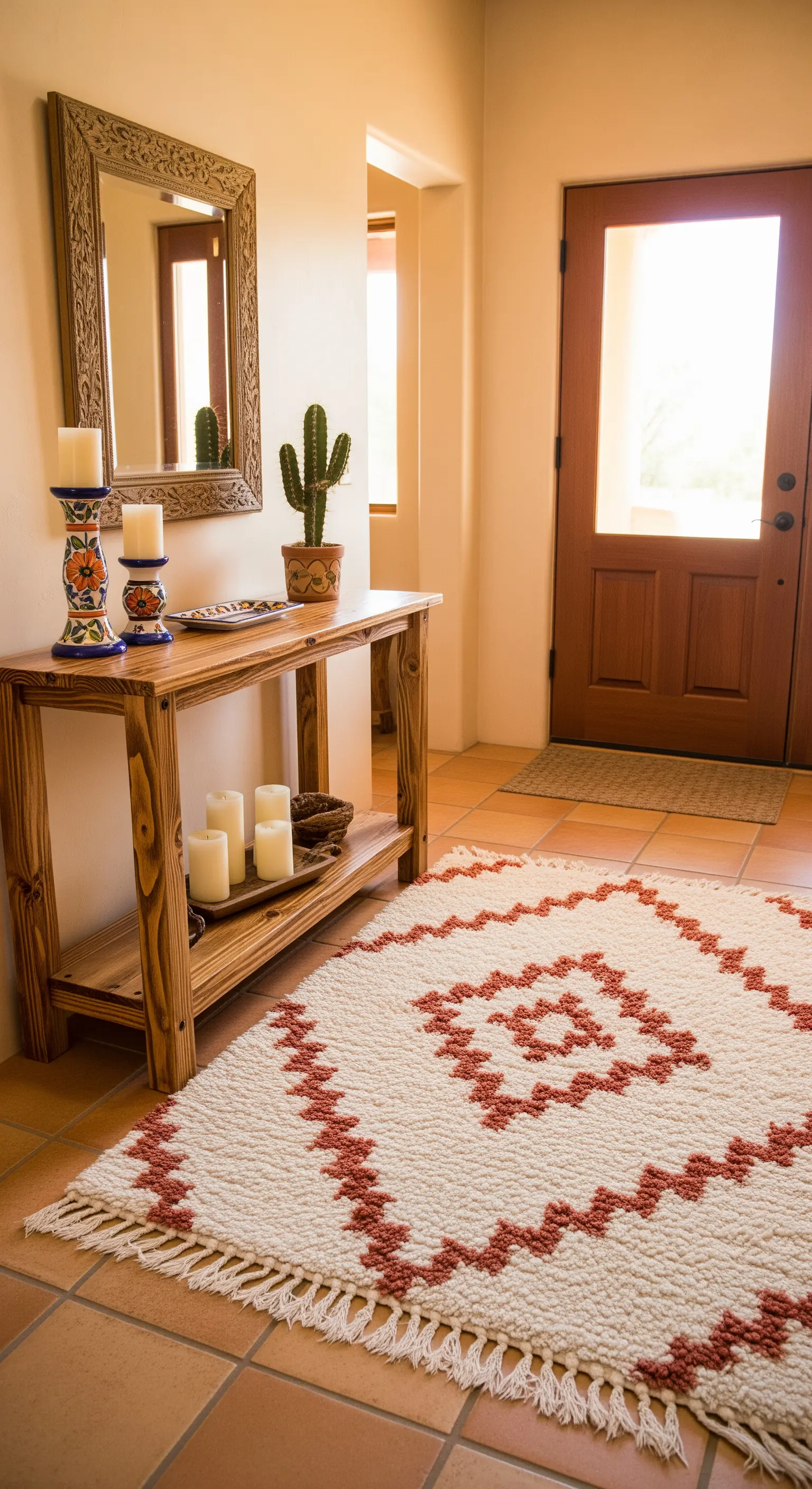 Ingresso in stile Southwestern con tappeto a motivi geometrici, consolle in pino e cactus.