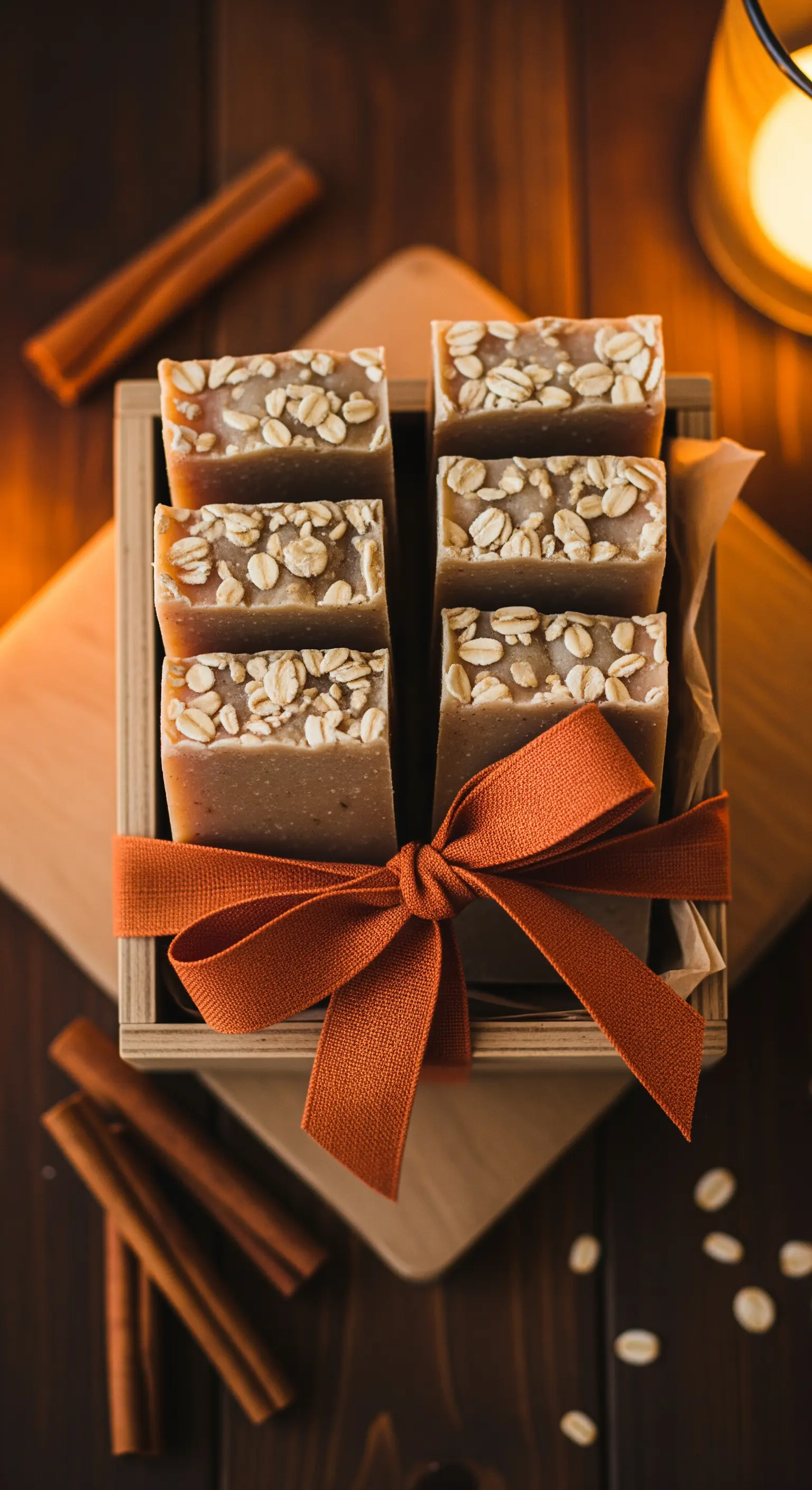 Saponi artigianali all'avena in una scatola di legno, con fiocco arancione e stecche di cannella.