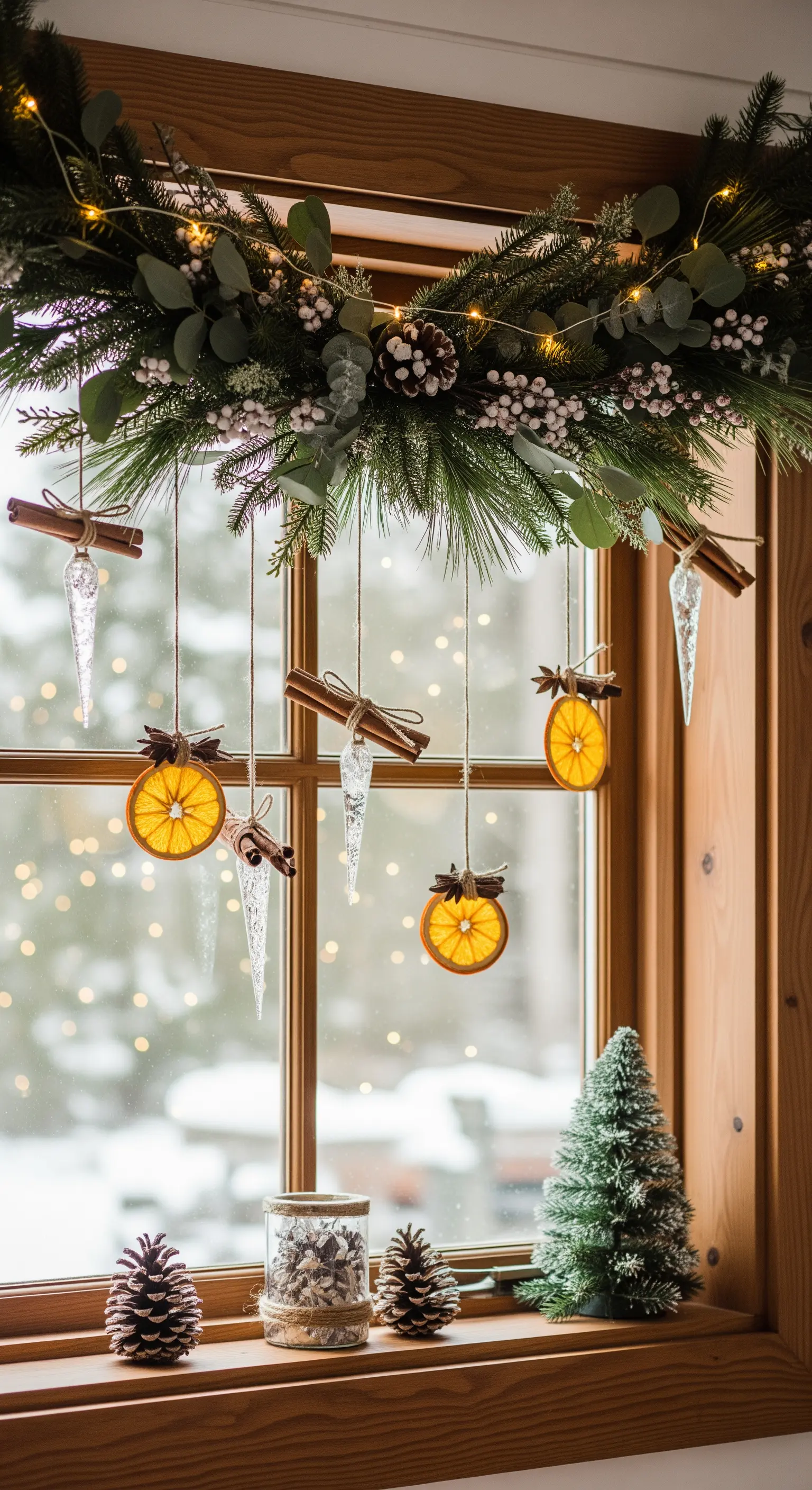 Ghirlanda di agrumi essiccati, cannella e pino appesa a una finestra con vista sulla neve.