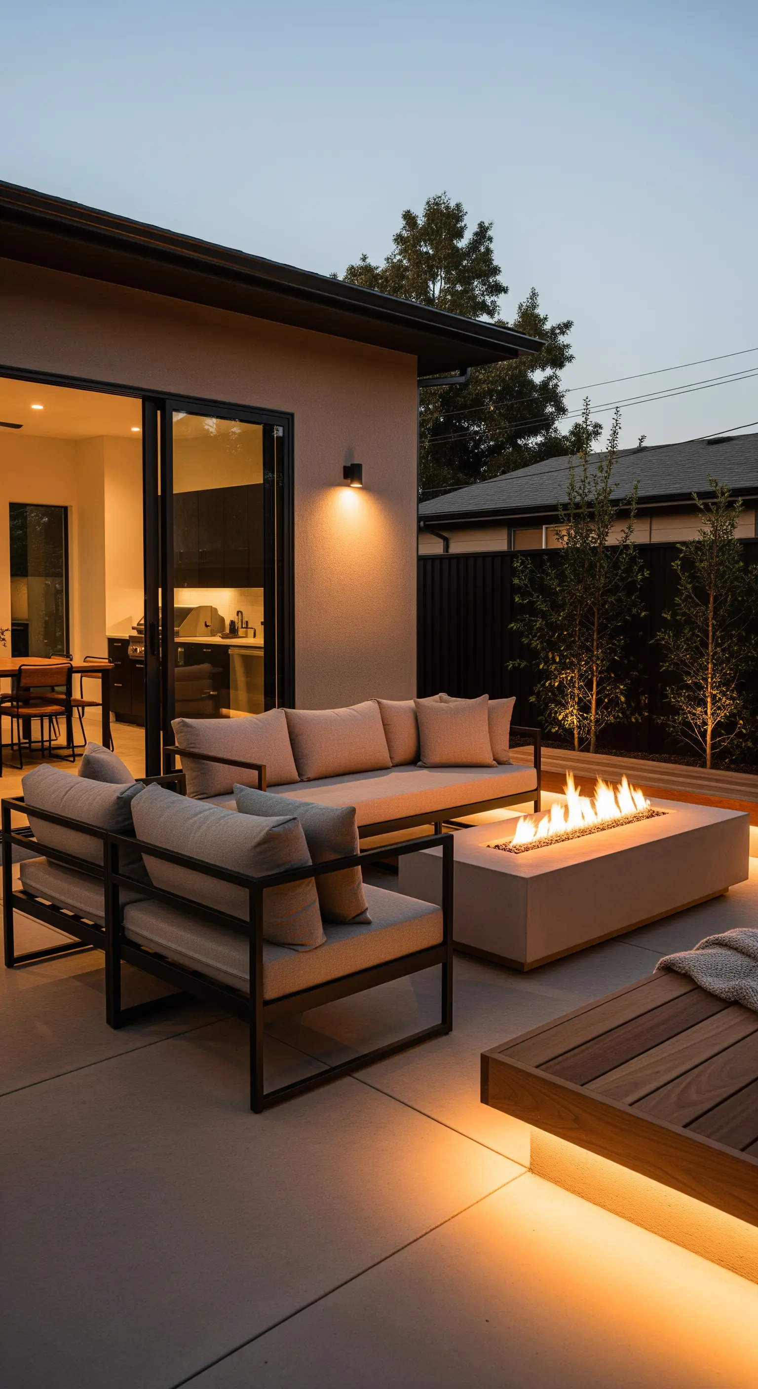 Patio accogliente con divani, braciere rettangolare acceso e illuminazione calda sotto una panca in legno