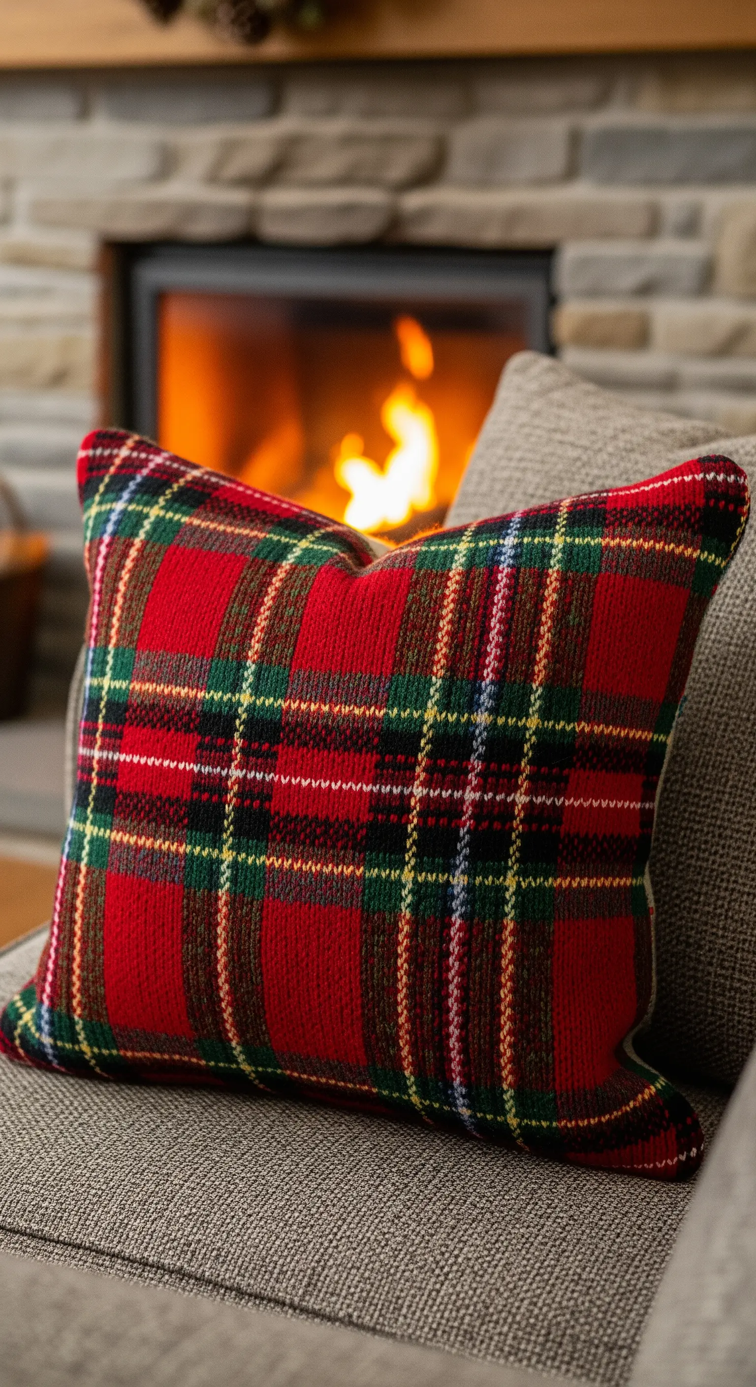 Cuscino scozzese (tartan) rosso e verde appoggiato su un divano davanti al camino.