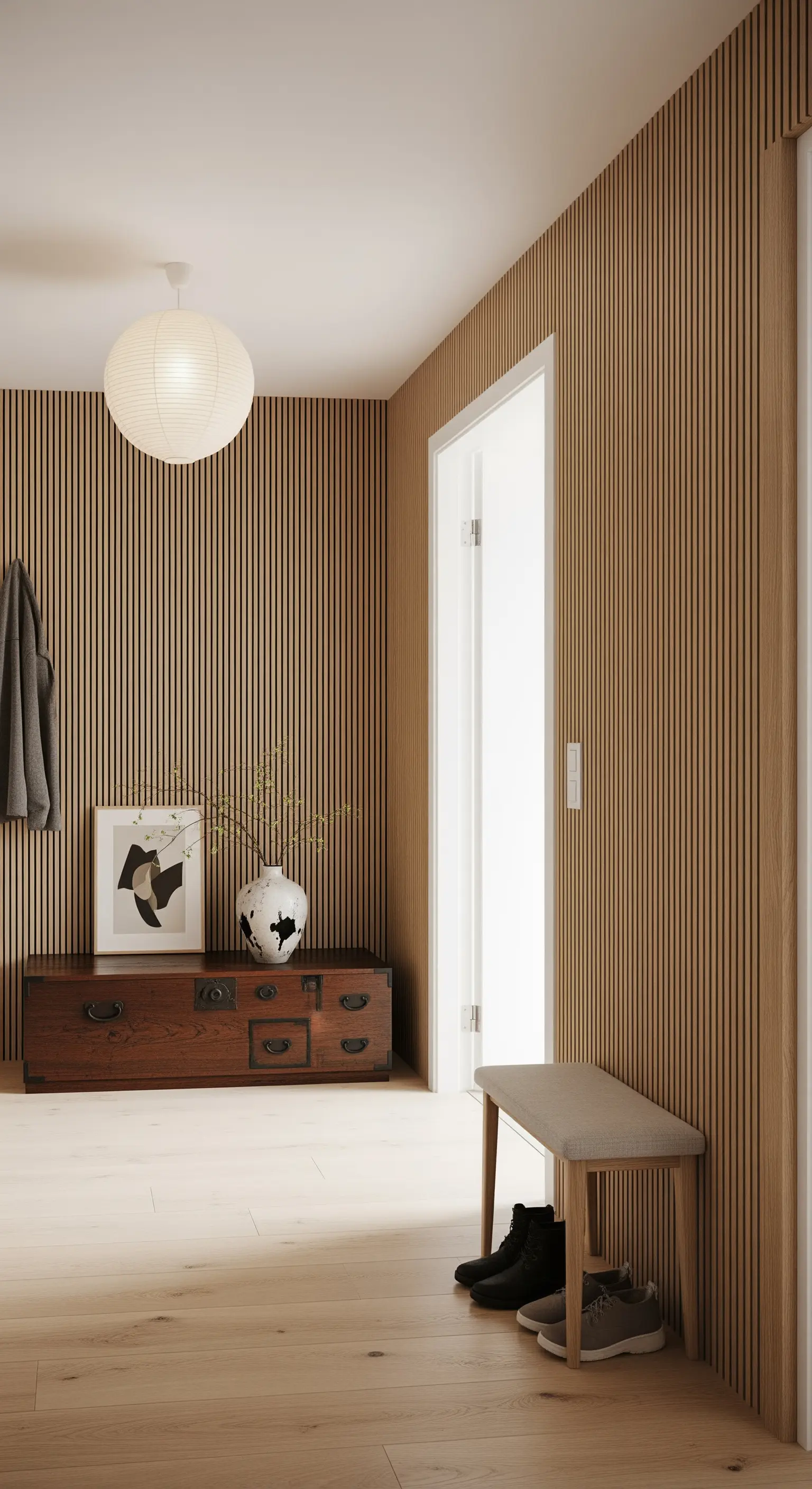Ingresso con pareti rivestite in listelli di legno, cassettone giapponese e lanterna di carta.
