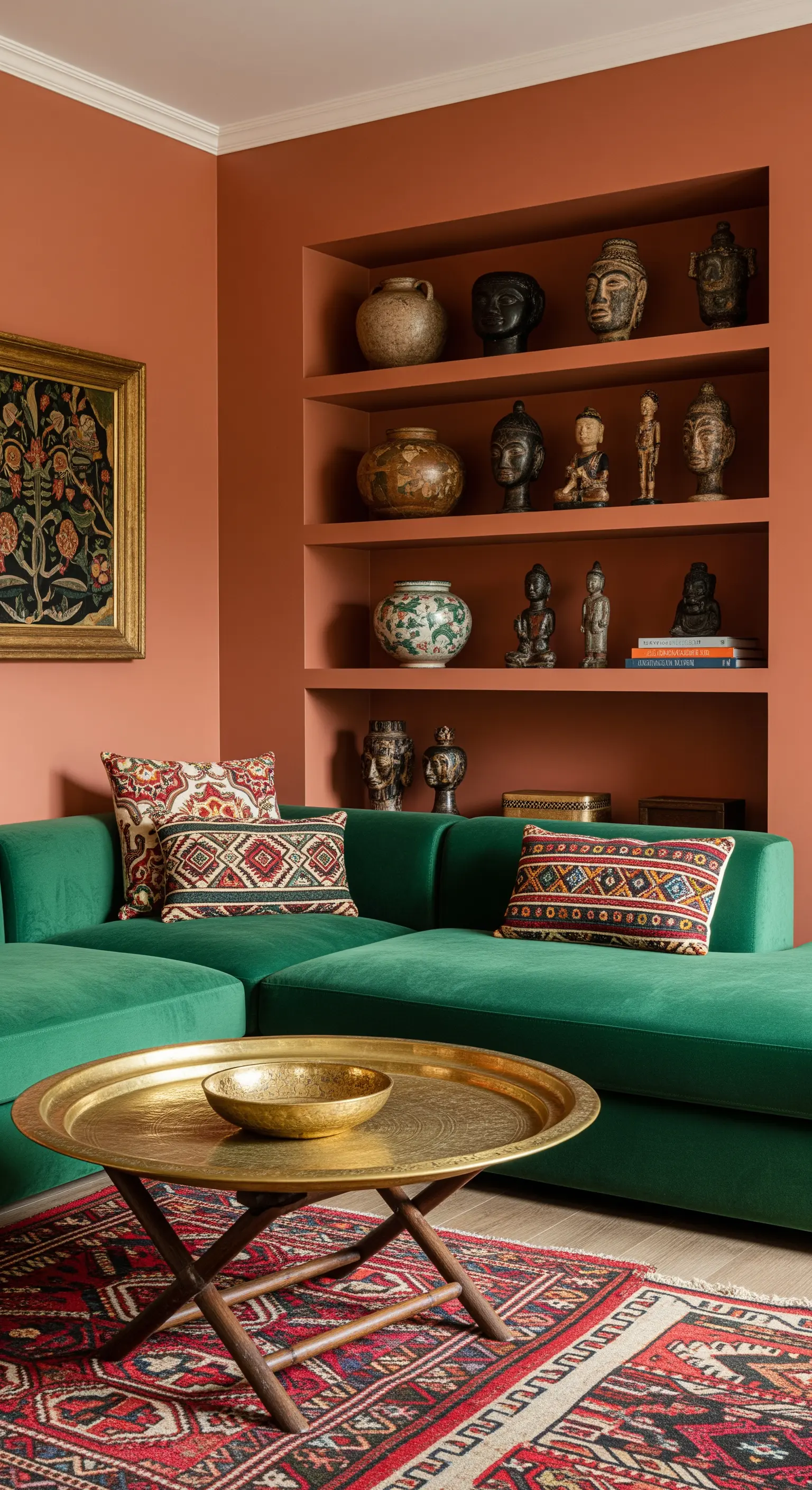 Divano verde in un soggiorno color terracotta, con nicchie espositive e tavolino a vassoio in ottone.