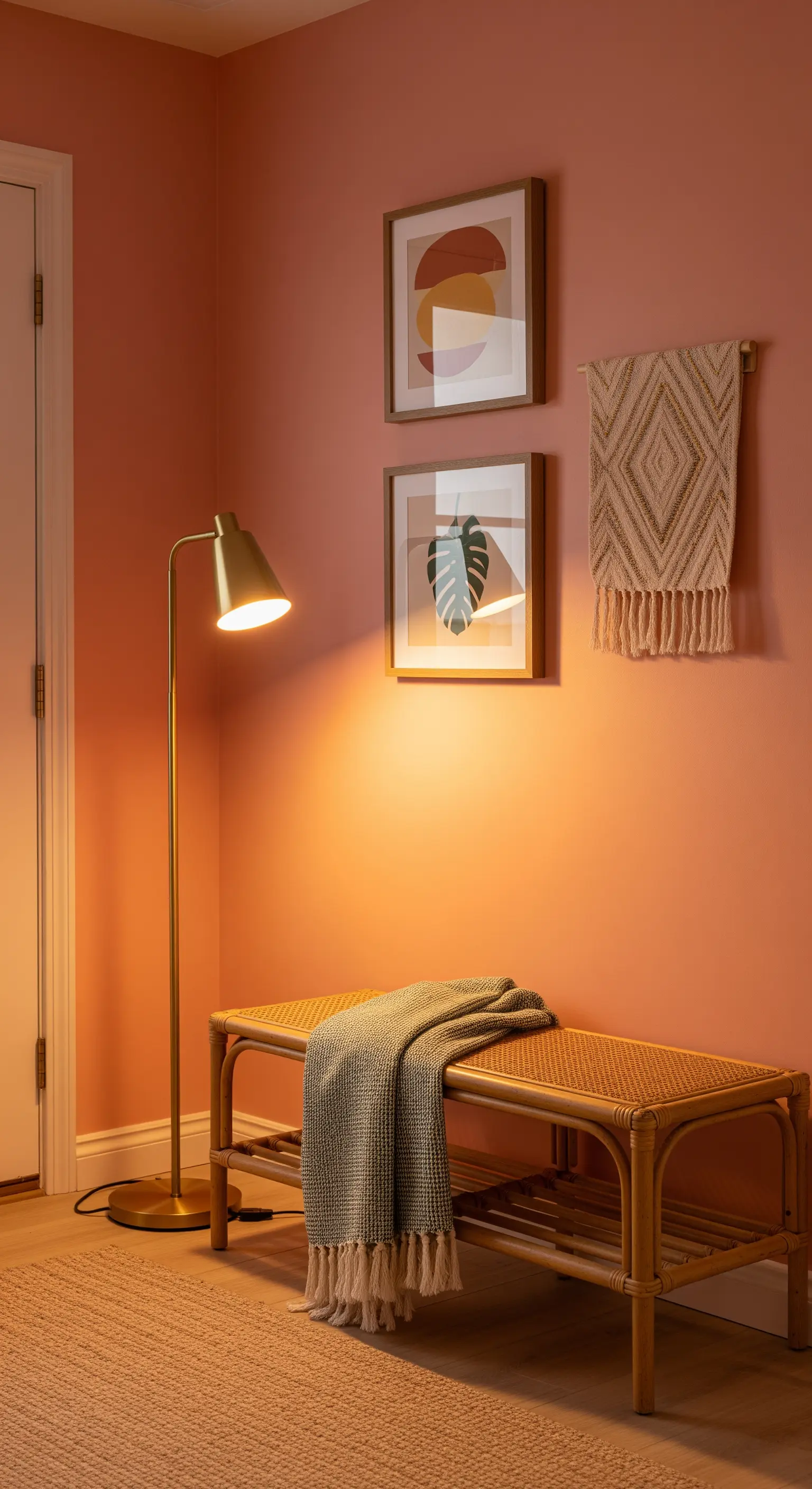 Panca in rattan in un angolo con parete color terracotta e lampada da terra in ottone.