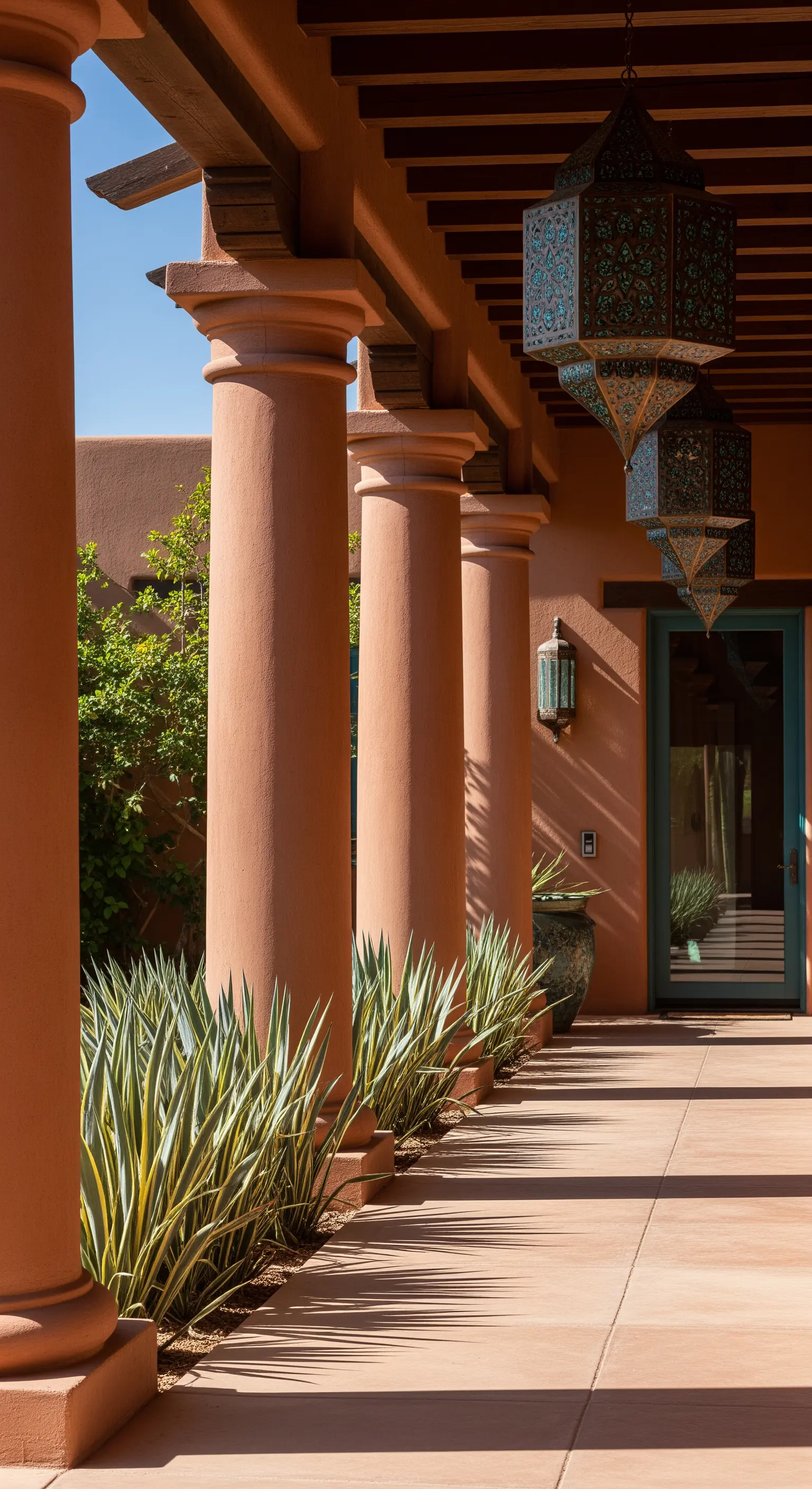Portico in stile adobe con colonne color terracotta e lanterne marocchine pendenti in metallo traforato