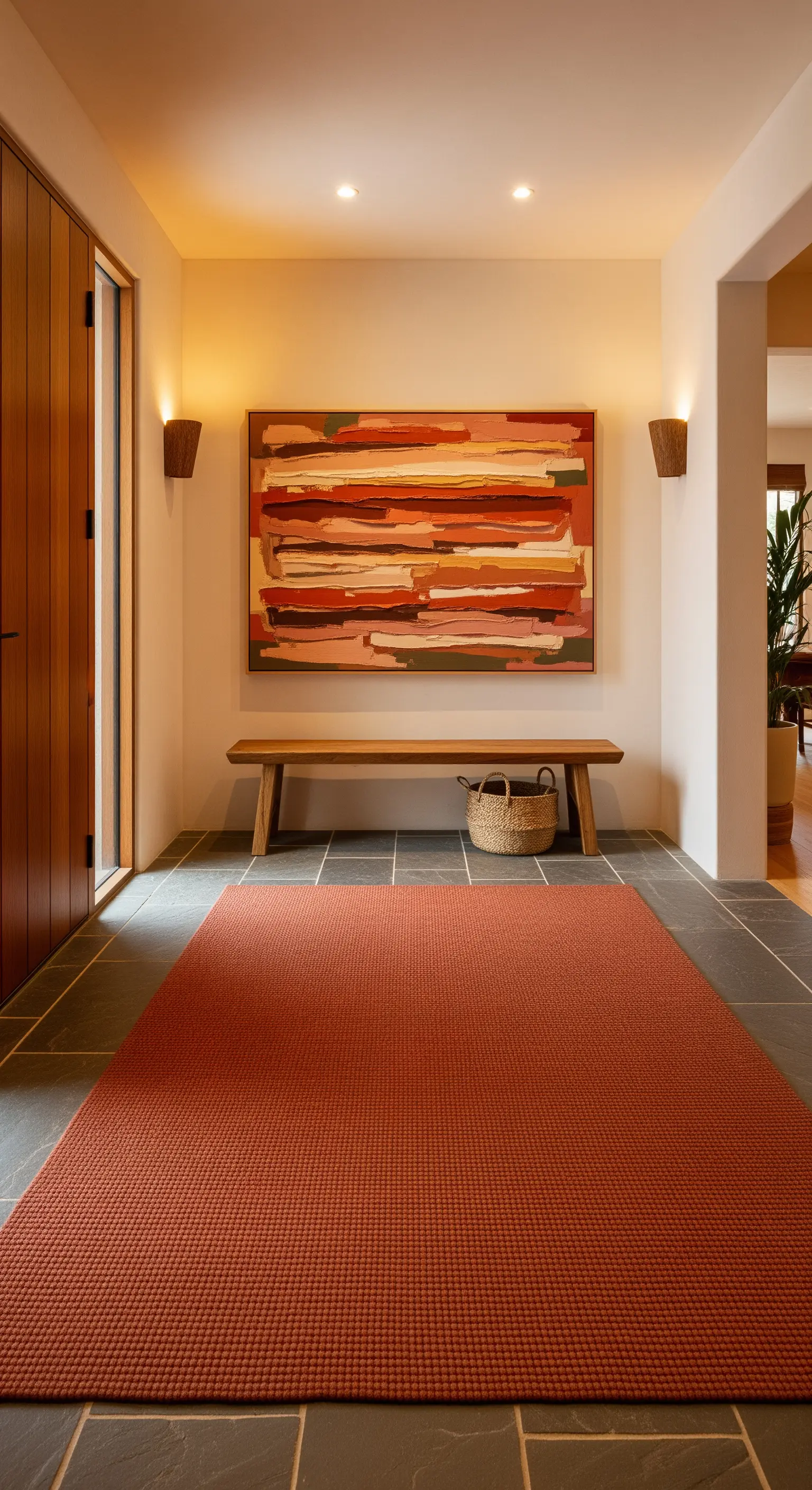 Ingresso con quadro astratto nei toni della terra, tappeto color terracotta e applique calde.