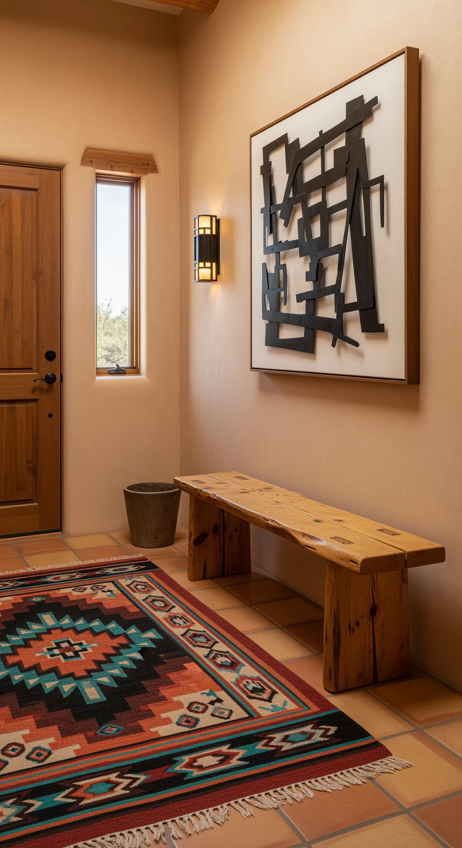 Ingresso in stile Southwestern con pavimento in cotto, panca in legno e tappeto kilim.