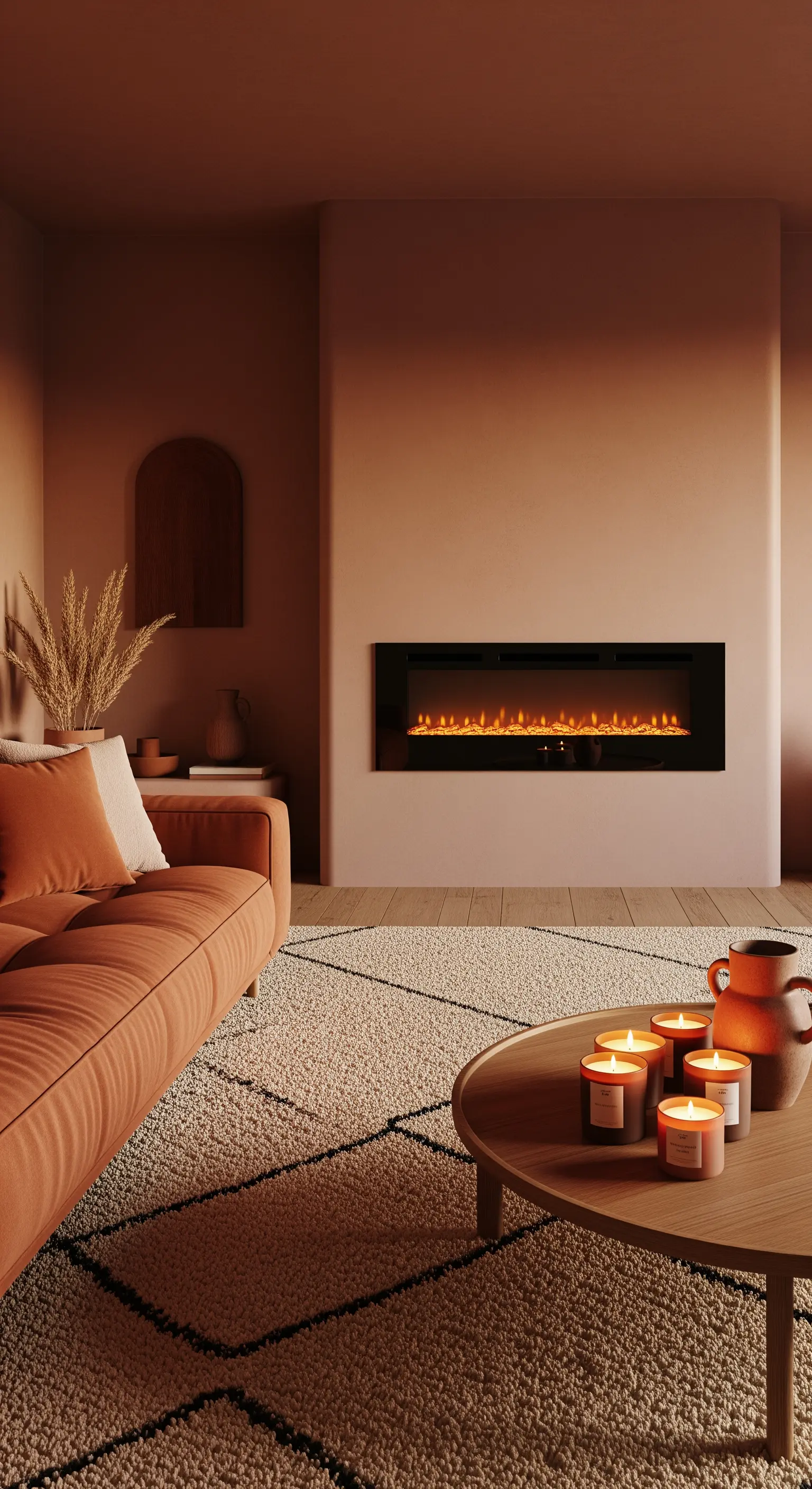 Soggiorno nei toni del terracotta con camino e tappeto geometrico.