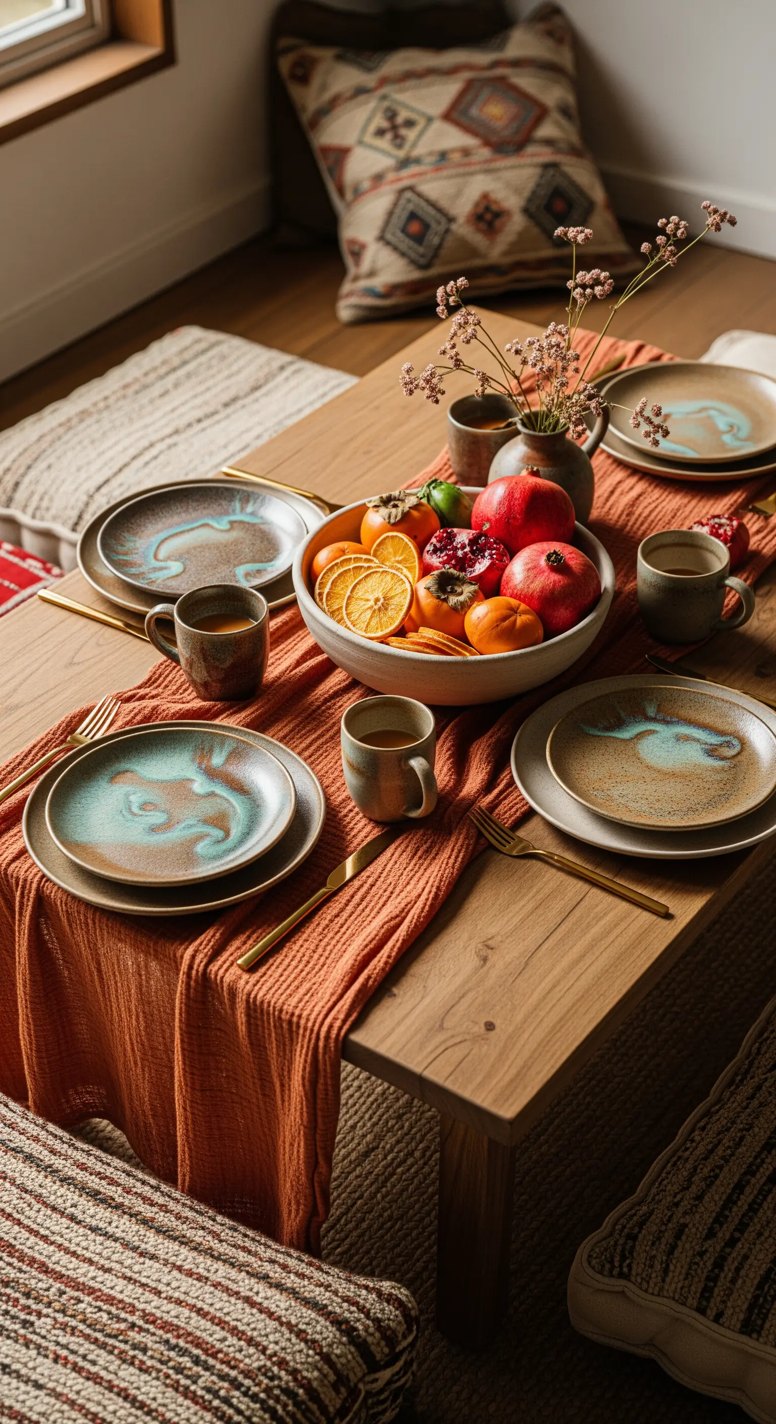 Tavola autunnale con runner color terracotta e ceramiche artigianali.